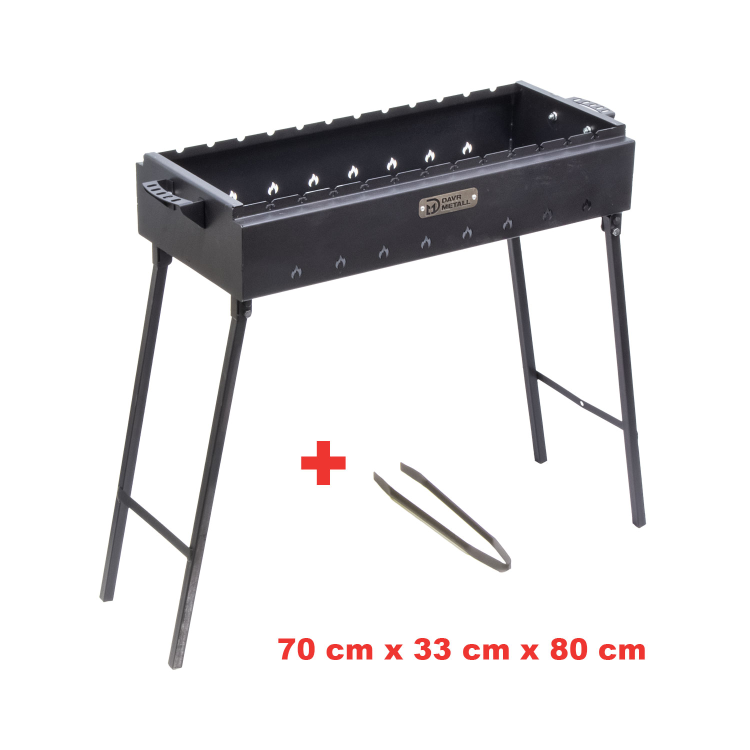Schwarzer Grill mit Beinen, Zange und Maßen 70x33x80 cm.