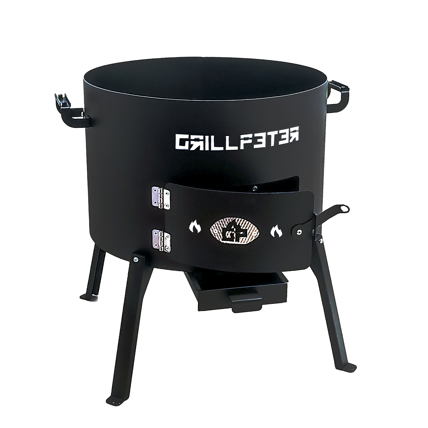 Ein schwarzer Metall-Grill mit drei Beinen, zwei Griffen und einer kleinen Ascheschublade.