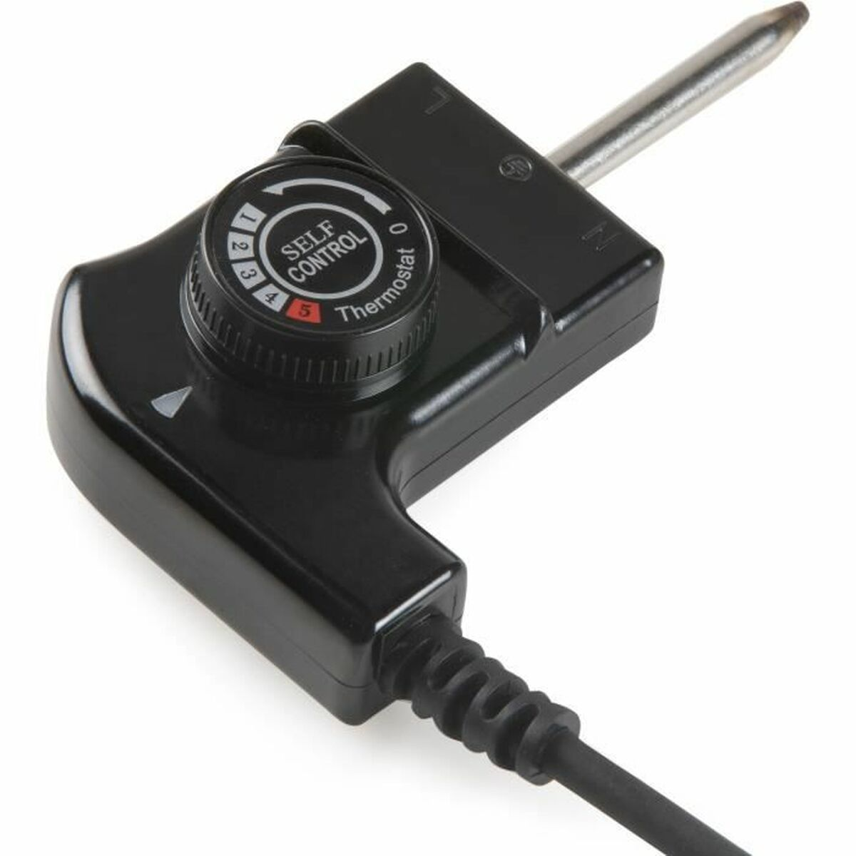 Schwarzer Thermostatregler mit Einstellknopf von 0 bis 5 und silbernem Stift.