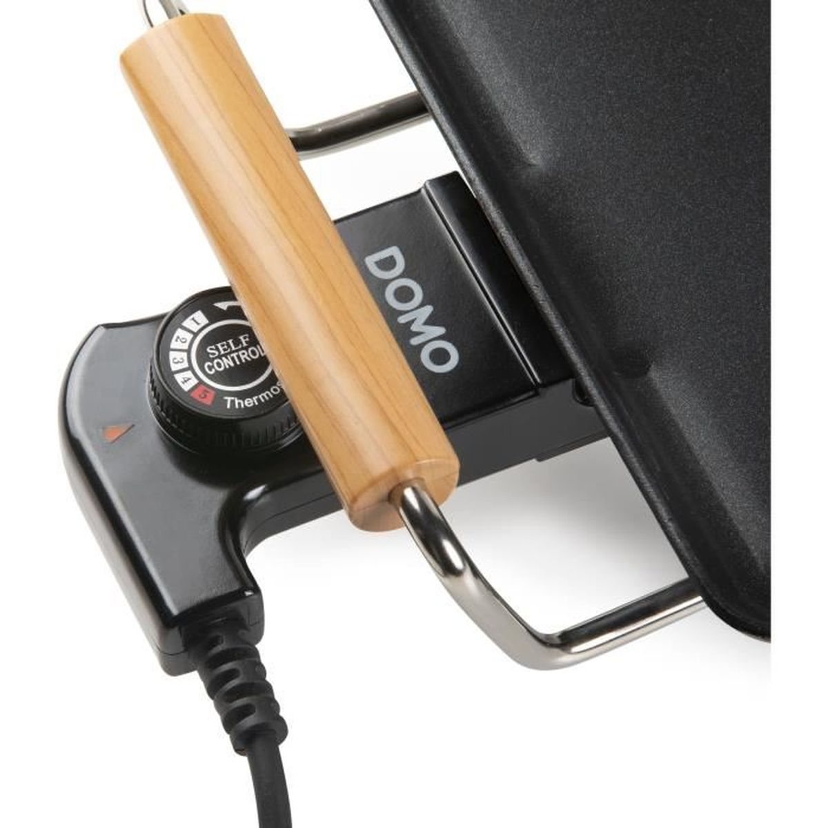 Nahaufnahme eines Domo Elektrogrills mit Holzgriff und Temperatureinstellung.