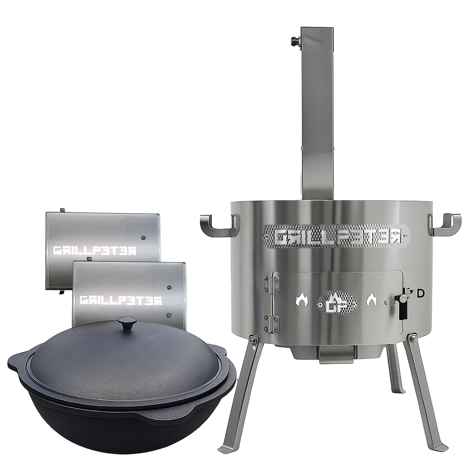 Ein silberner Grill mit einem schwarzen Topf davor. Zwei silberne Platten hinter dem Grill.