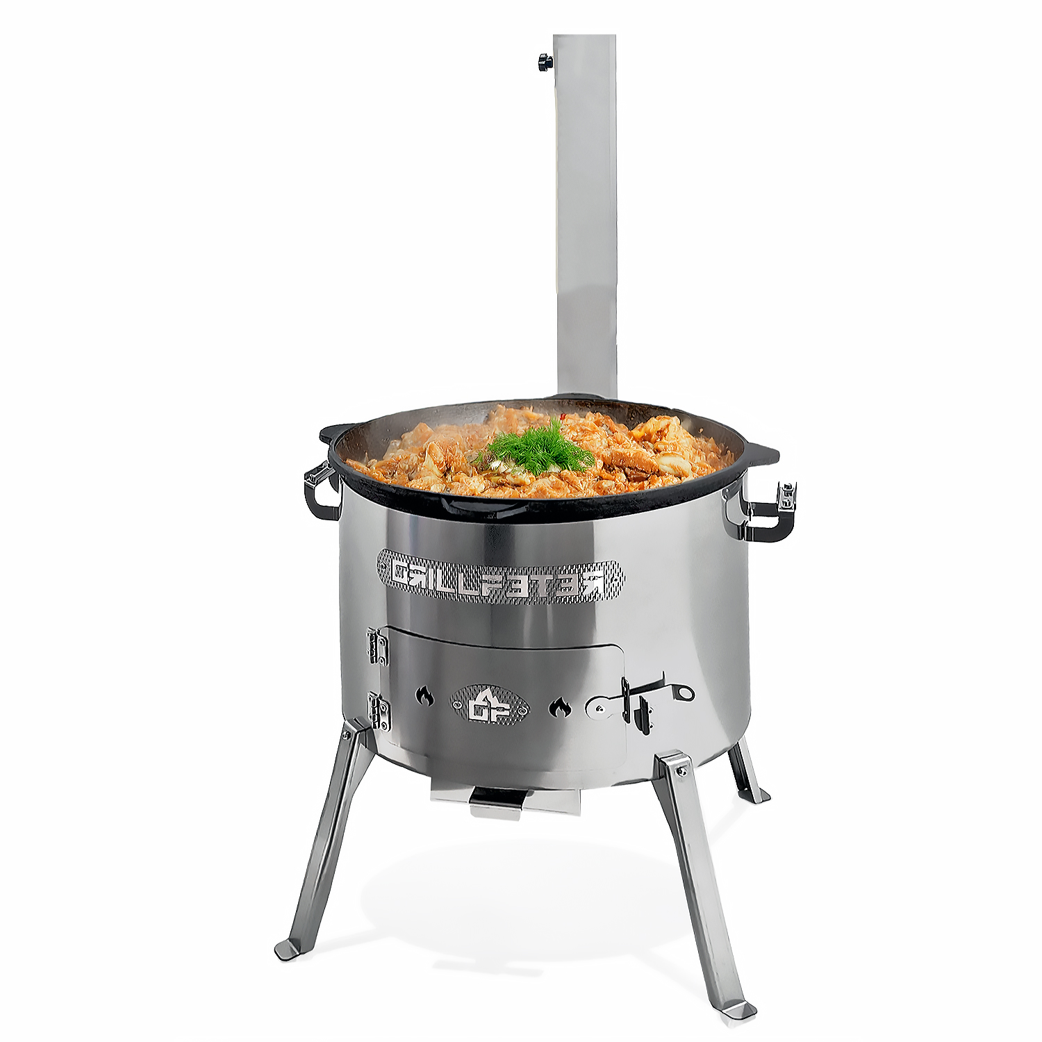 Edelstahlkocher mit Deckel, gefüllt mit Gulasch, auf drei Beinen stehend.