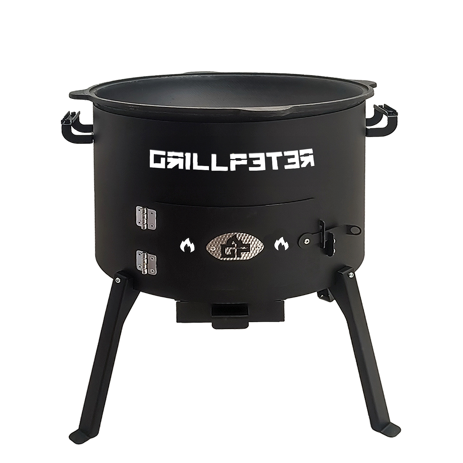 Ein schwarzer Grill mit drei Beinen und seitlichen Griffen.