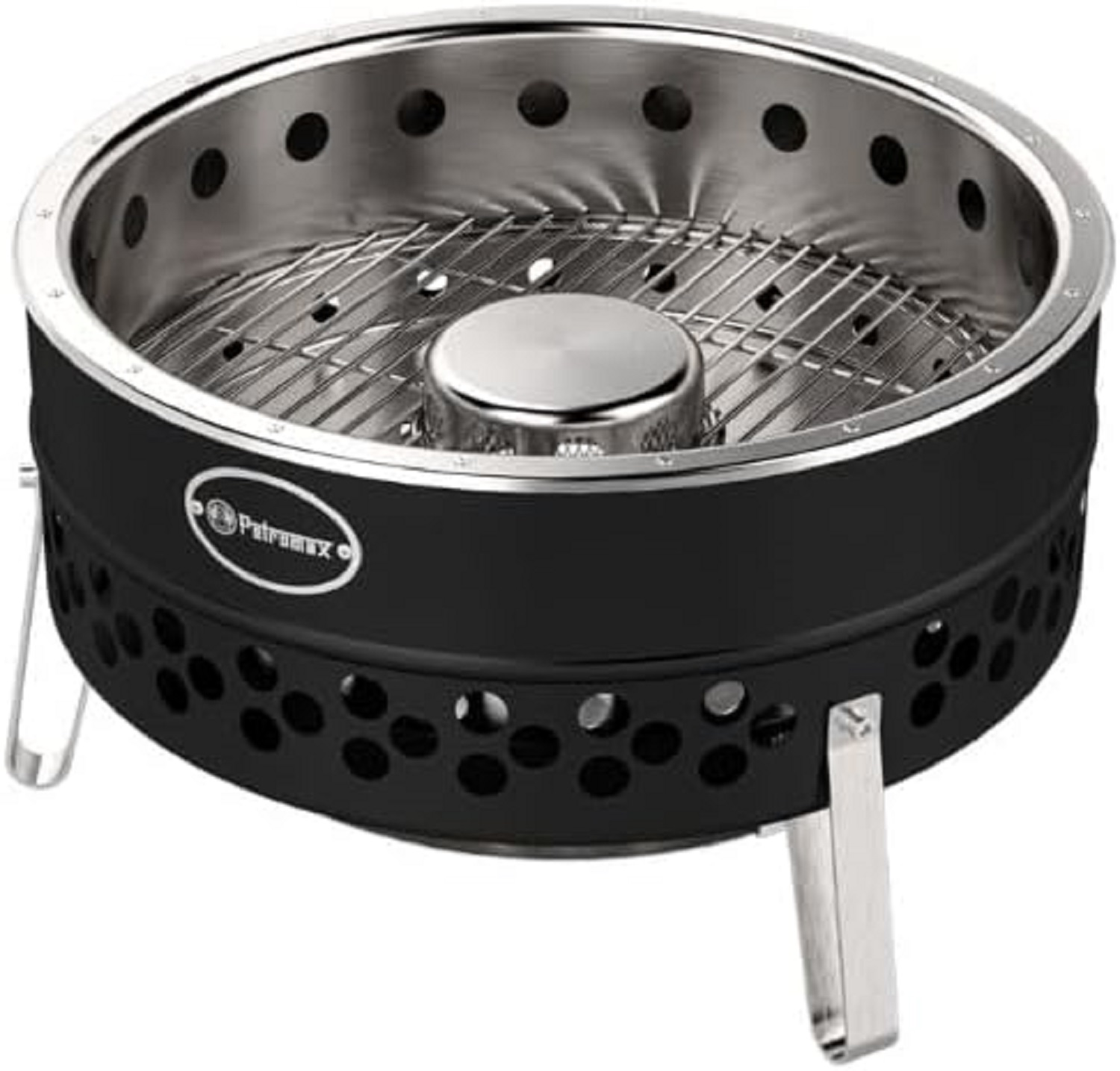 Ein schwarzer tragbarer Holzkohlegrill mit silbernen Beinen und einem Metallrost.