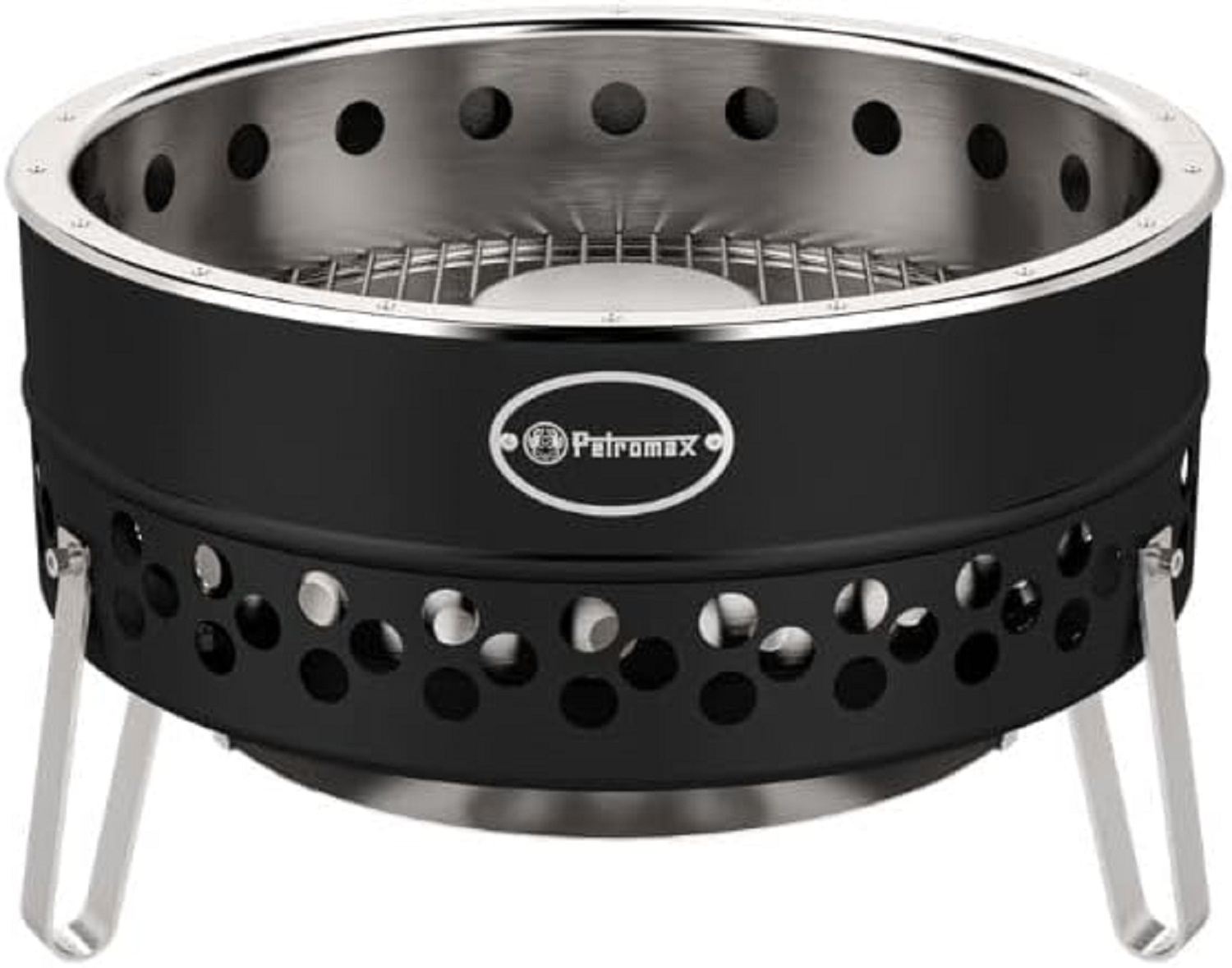 Schwarzer Metall-Grill mit silbernen Beinen und Lüftungslöchern.