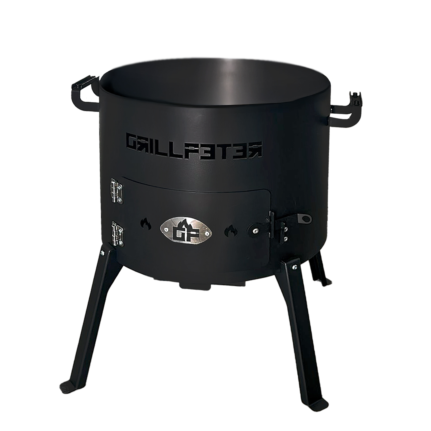 Schwarzer Grill mit drei Beinen und Henkeln, Firmenlogo.