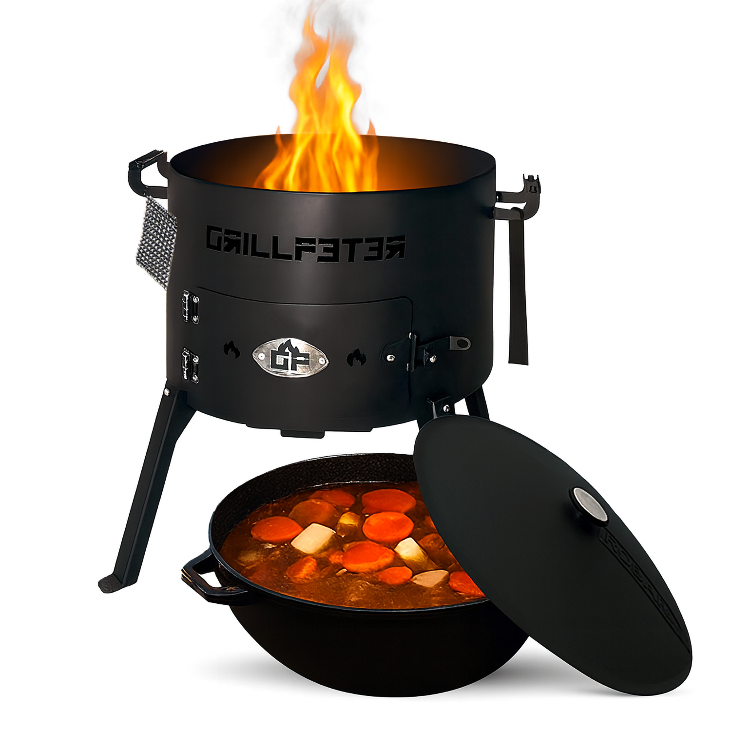 Ein schwarzer Kochtopf mit Flammen oben und einem Eintopf mit Karotten und Kartoffeln daneben.