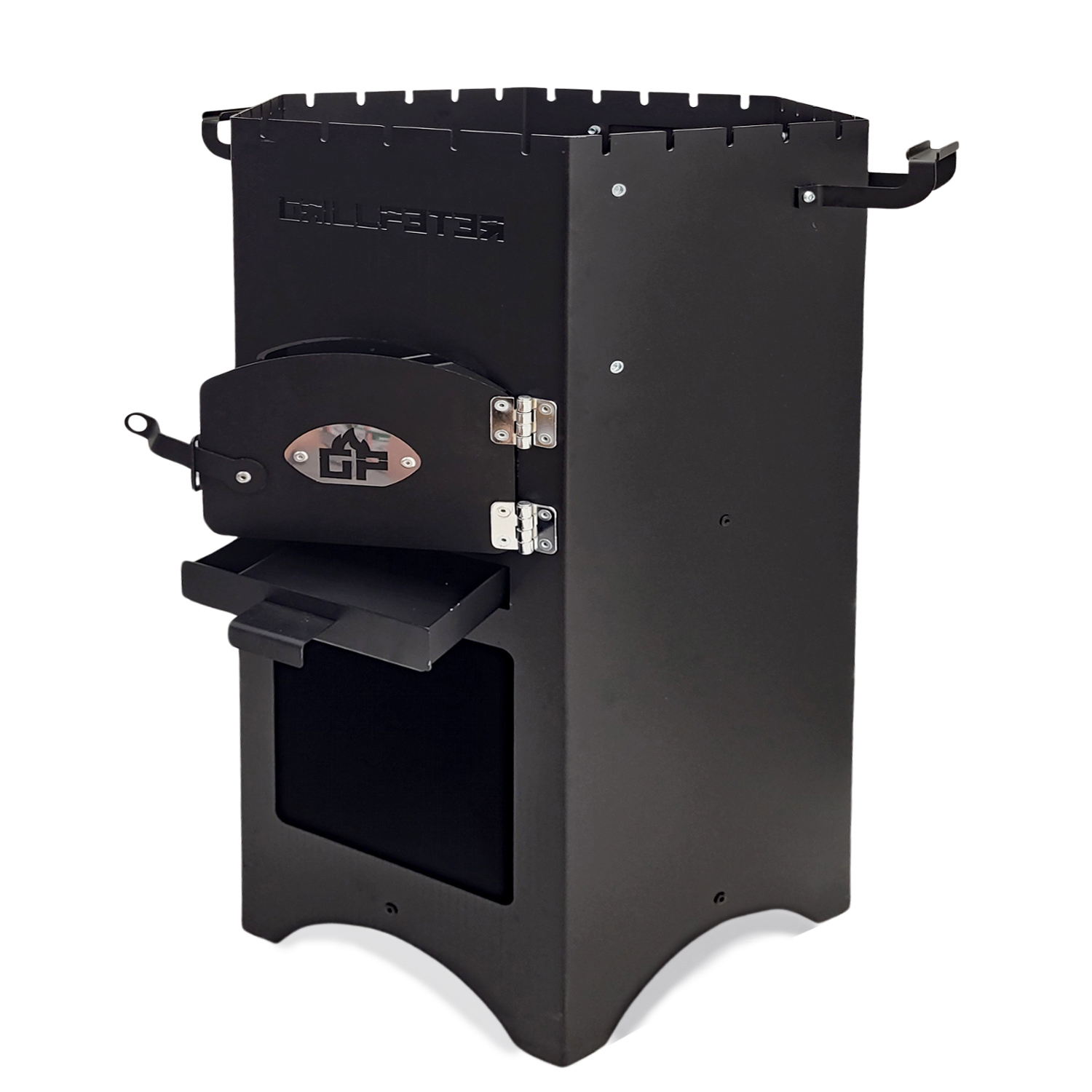 Schwarzer Metall-Grillofen mit aufklappbarer Tür und Schublade.