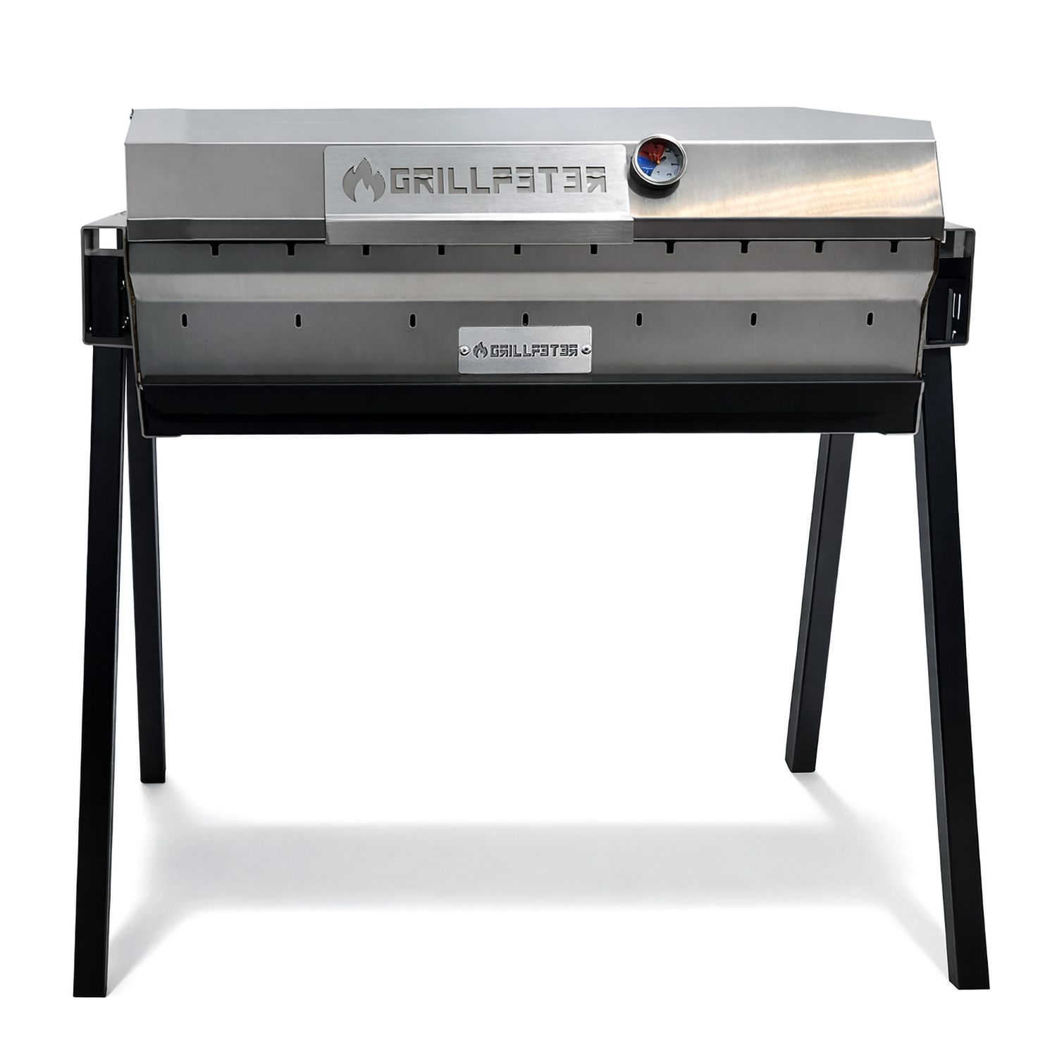 Ein silberner Grill mit schwarzem Gestell und einem Thermometer.
