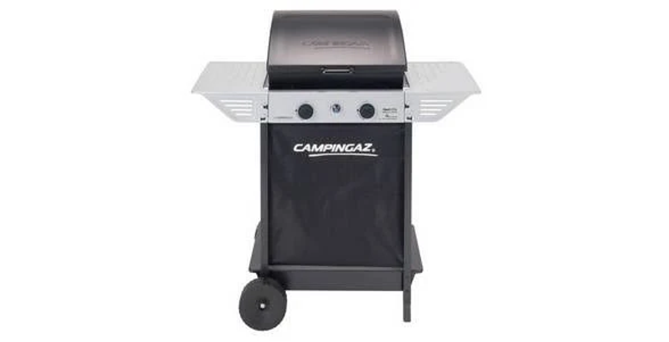 Una parrilla Campingaz negra con estantes plateados y ruedas.