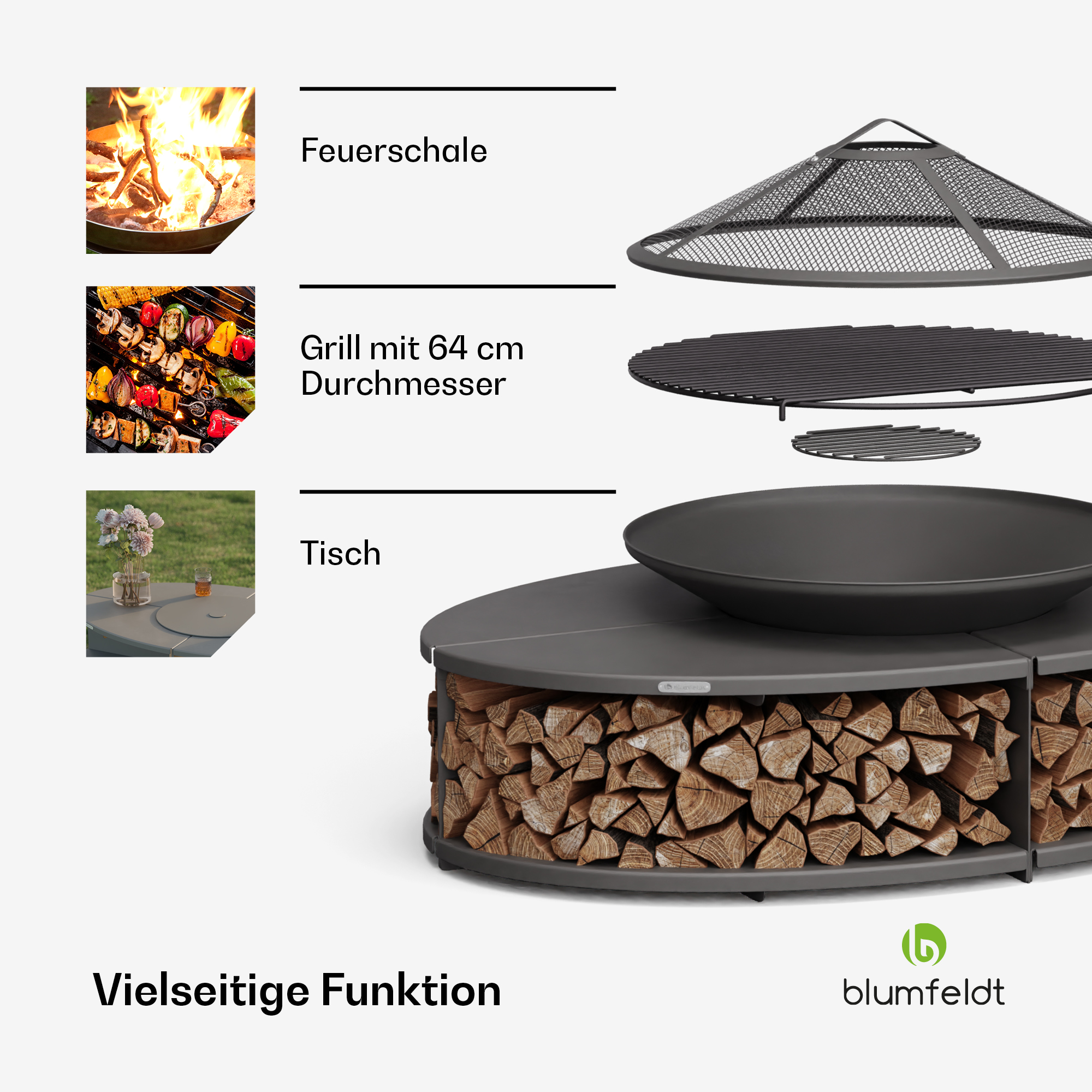 Ein multifunktionaler Grill mit Feuerschale, Grillrost und Tisch. Unten ist Holz gestapelt.