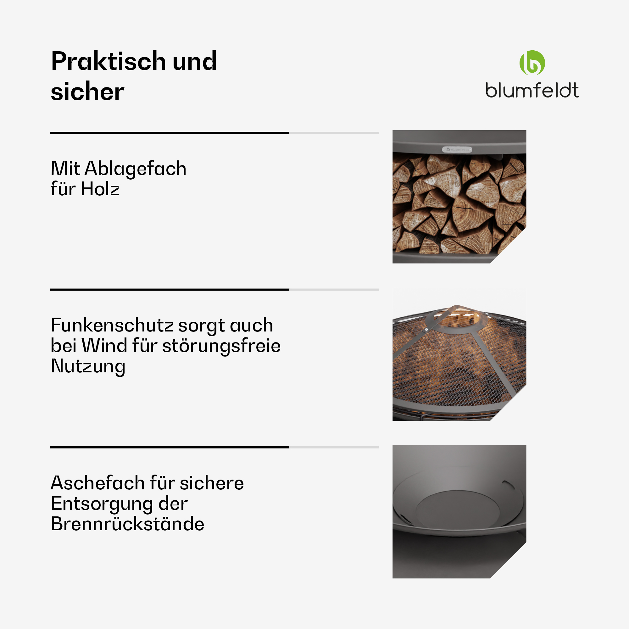 Praktisch und sicher mit Holzablage, Funkenschutz und Aschefach.