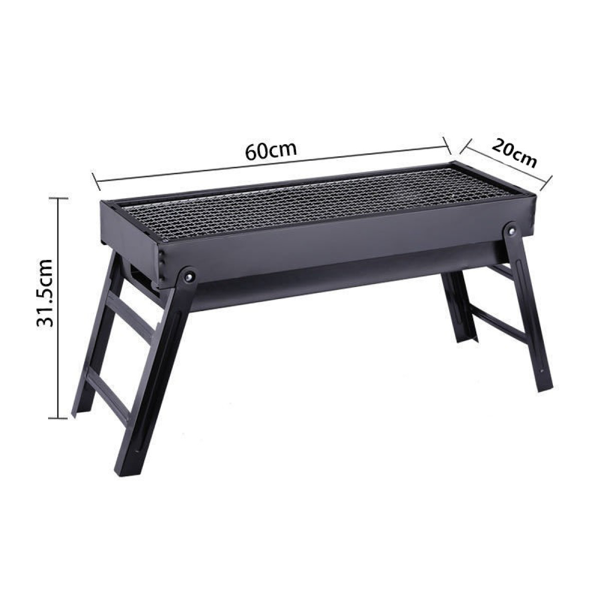 Ein rechteckiger, schwarzer Grill mit ausklappbaren Beinen. Maße: 60x20x31,5cm.