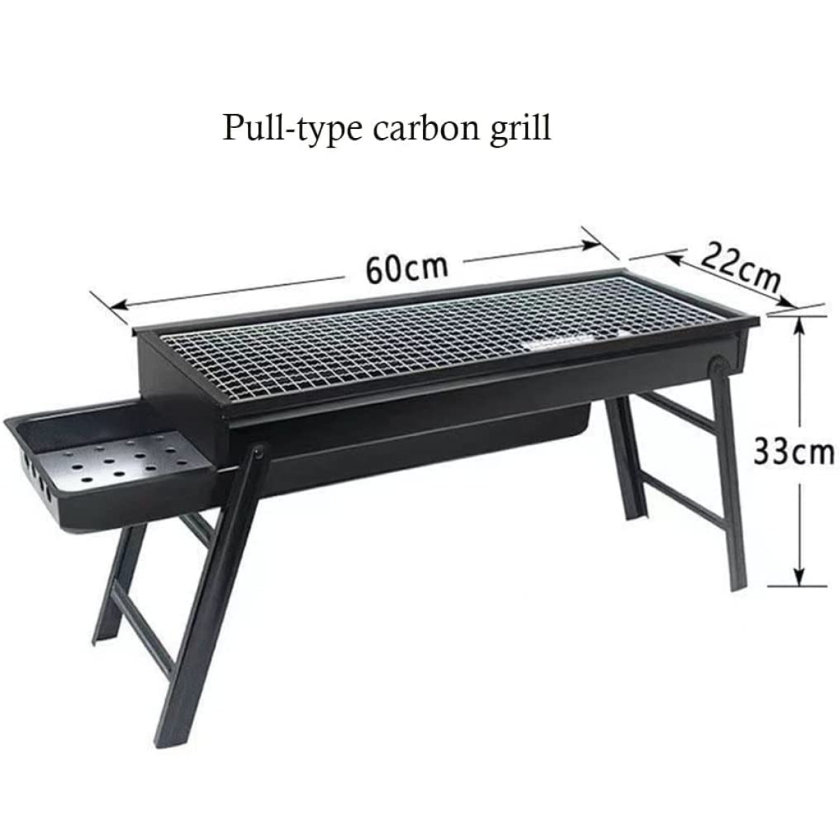 Schwarzer, ausziehbarer Kohlegrill mit Grillrost, Maße 60x22x33cm.