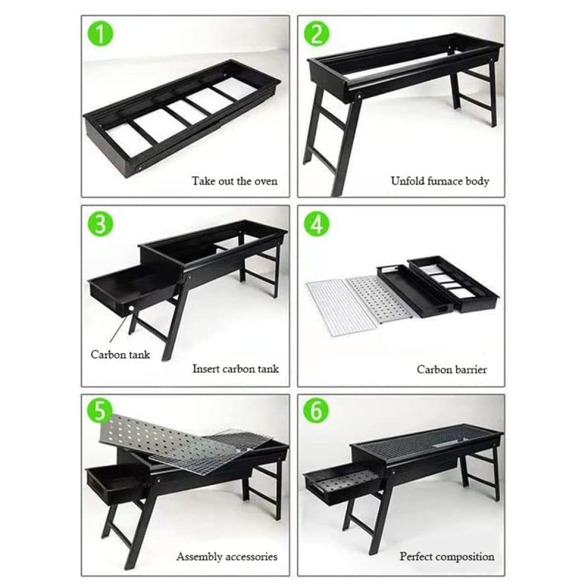 Schritt-für-Schritt-Anleitung zum Aufbau eines schwarzen Grillofens mit Schubladen und Gittern.