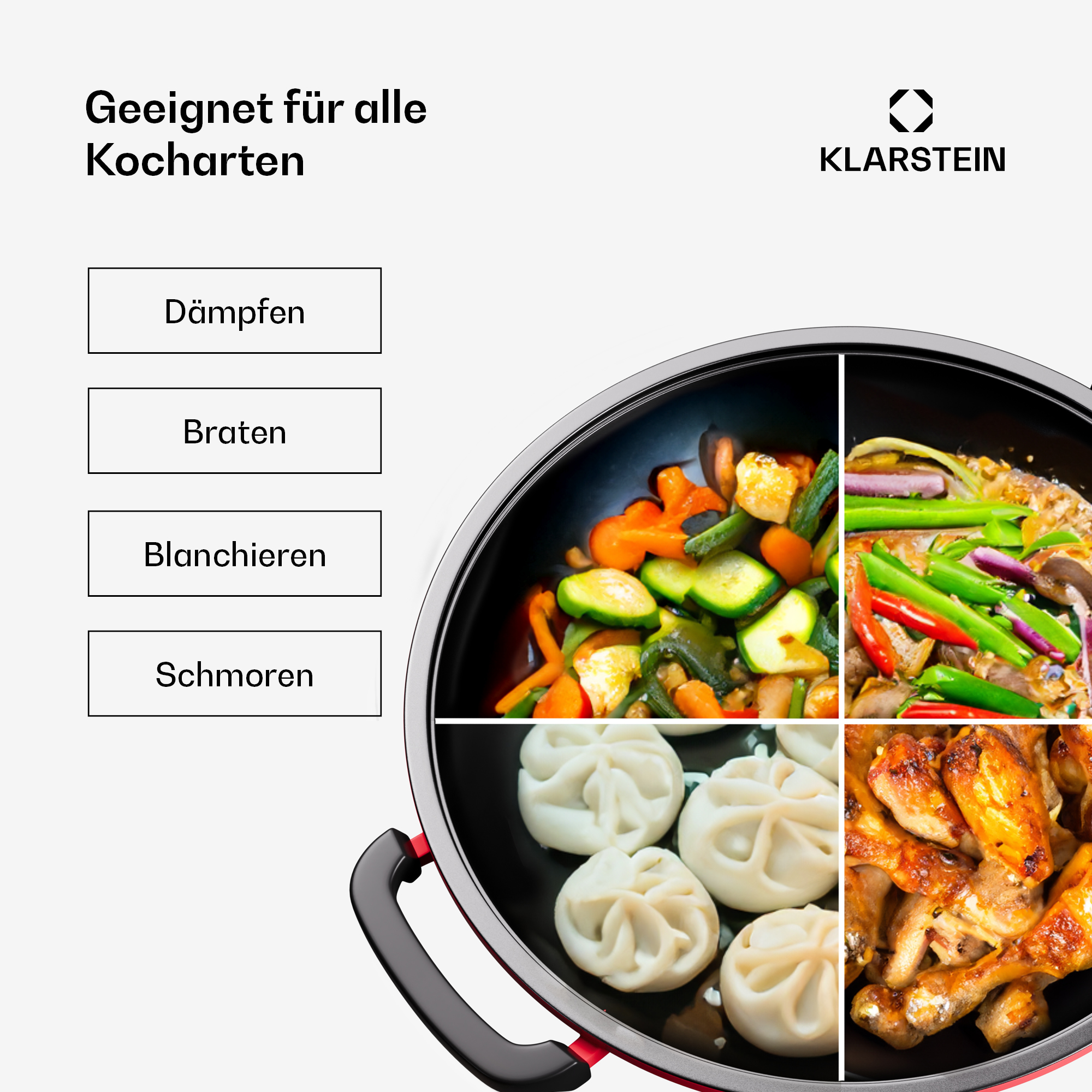 Logo Klarstein sopra quattro immagini di cucina: verdure al vapore, fritto, ravioli, pollo.