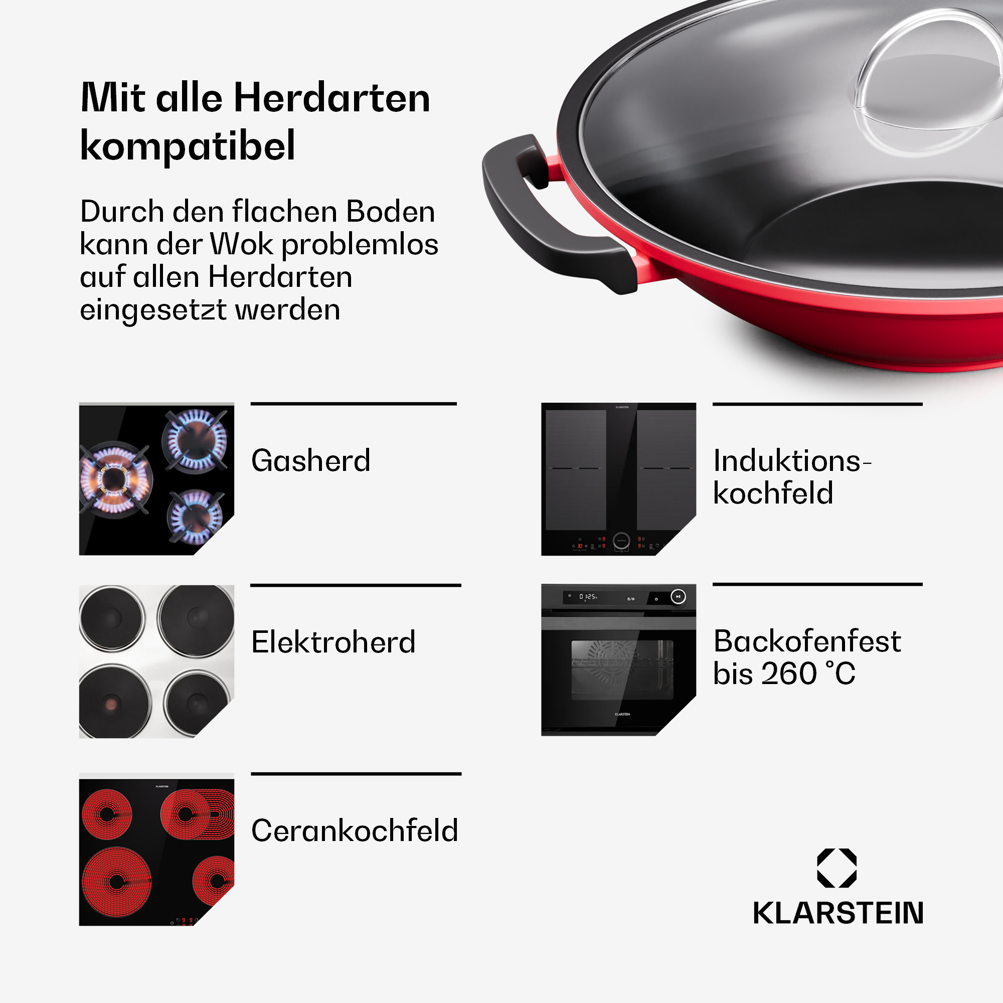 Wok con coperchio in vetro, compatibile con tutti i piani cottura: gas, elettrico, ceramica, induzione.