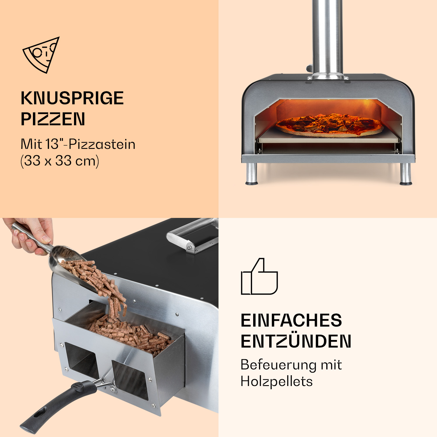 Pizzaofen mit Pizza darin und Pellets werden hinzugefügt.