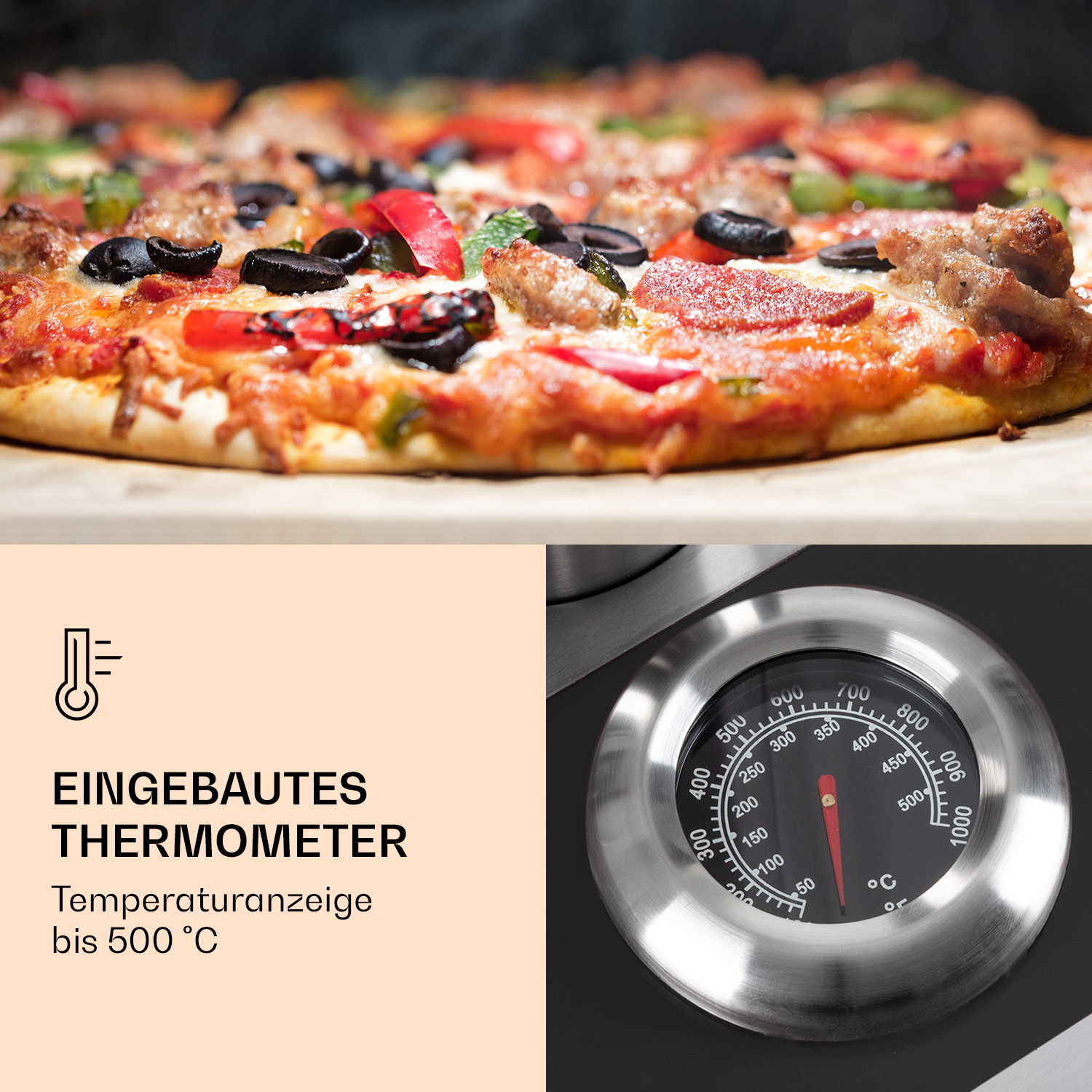 Eine Pizza mit Belägen und ein Thermometer bis 500°C.