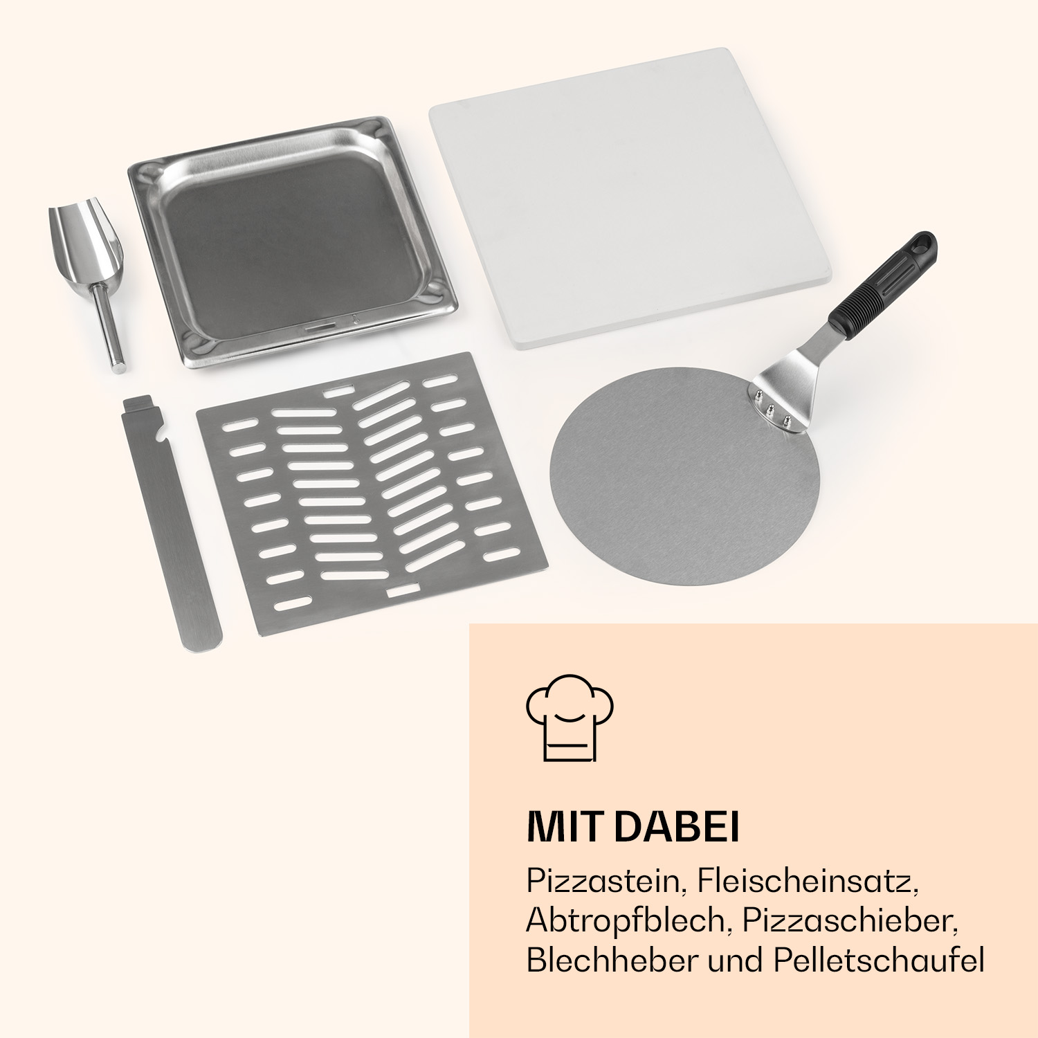 Pizzaofen Zubehör: Pizzastein, Blech, Schaufel, Einsatz und Heber.