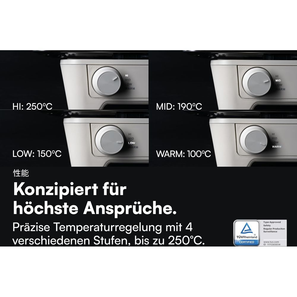 Vier Temperaturregler: 250°C, 190°C, 150°C, 100°C. Deutsche Texte.
