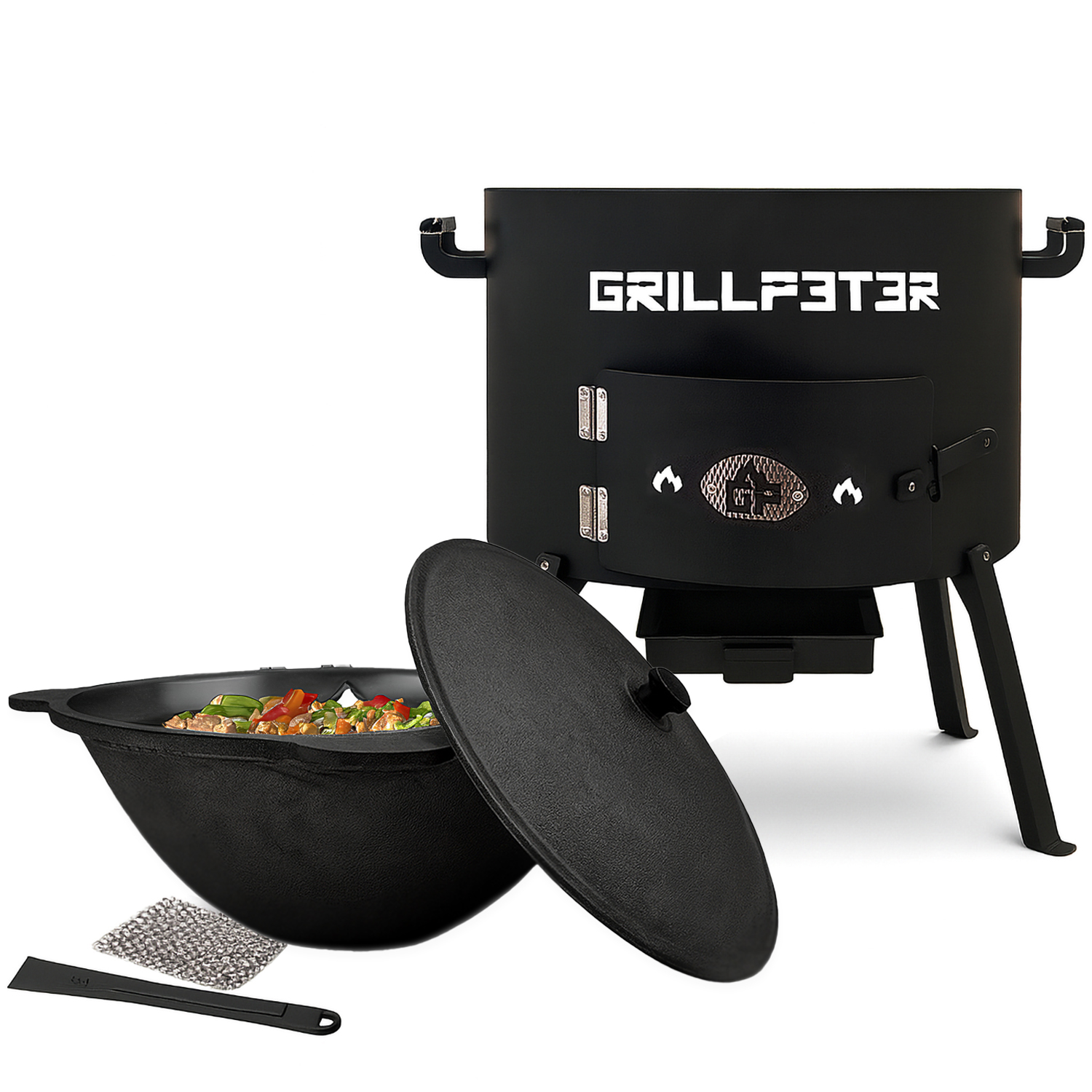 Schwarzer Grill mit Kochtopf, gefüllt mit Essen, und Zubehör.