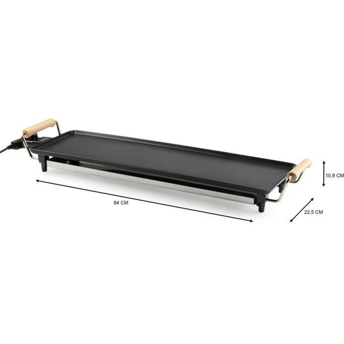 Eine flache, schwarze elektrische Grillplatte mit Holzgriffen und Maßen.