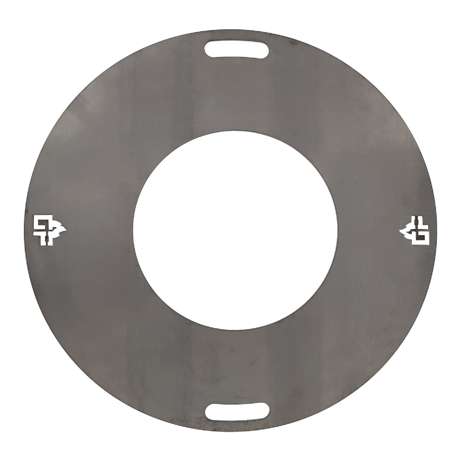 Grauer Metallring mit zwei Grifföffnungen und zwei Logos.