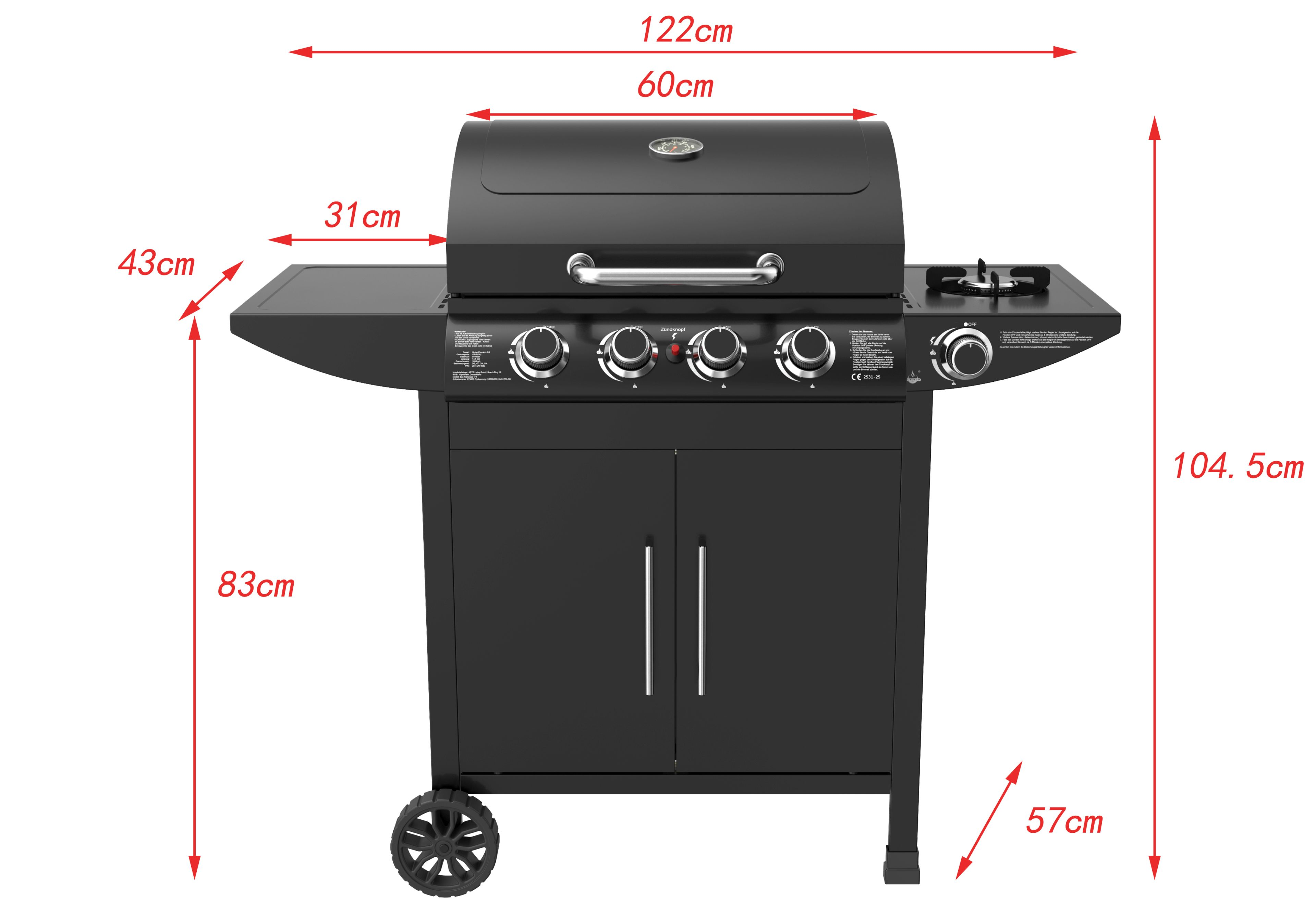Schwarzer Gasgrill mit vier Brennern, Seitenteil und Schrank. Maße sind angegeben.