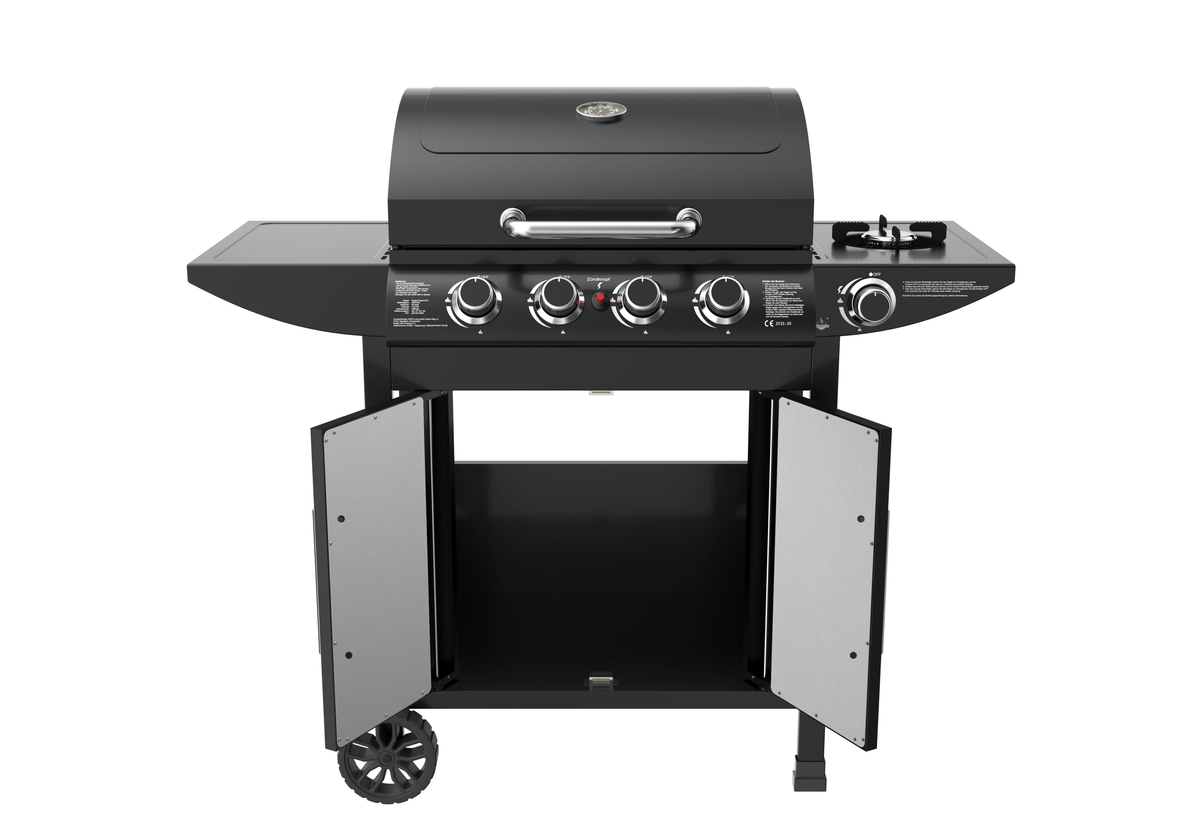 Schwarzer Gasgrill mit vier Brennern, Seitenkochfeld, Thermometer und geöffneten Türen.