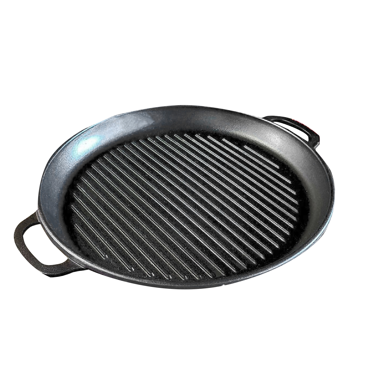 Eine runde, schwarze Grillpfanne aus Gusseisen mit Rillen und zwei Griffen.