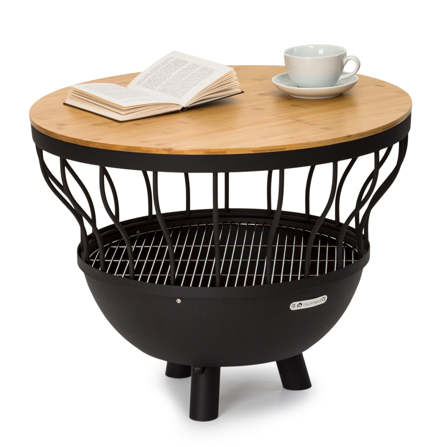 Ein runder Tisch mit Holzplatte, Metallgestell und integriertem Grill.