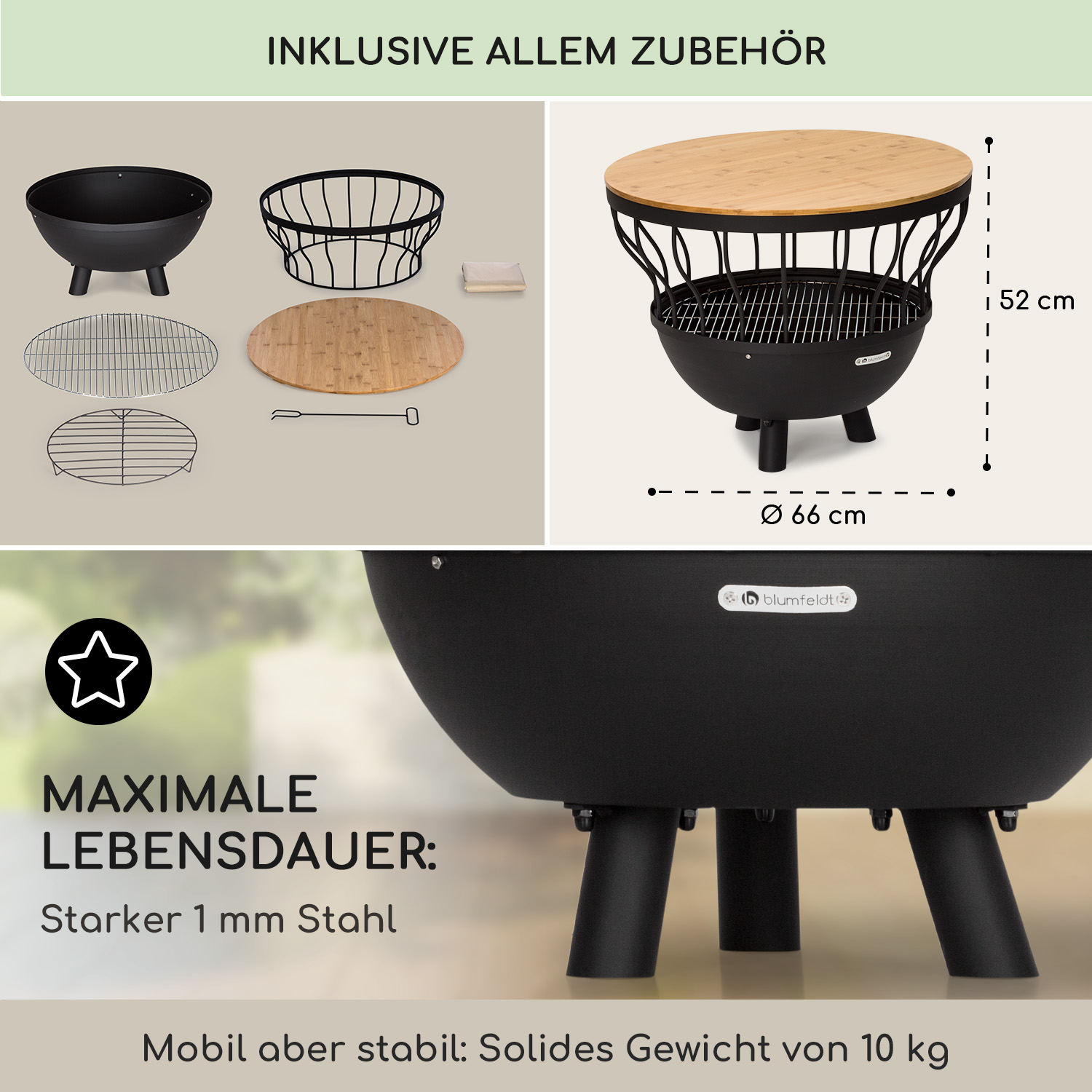 Schwarzer Feuertopf mit Zubehör, Maße Ø 66 cm, Höhe 52 cm.