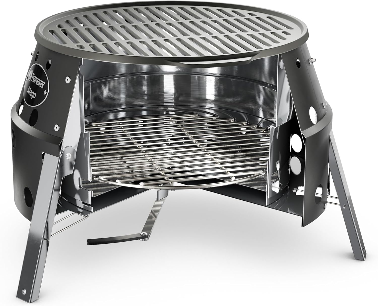 Ein offener Grill mit Metallrosten und ausklappbaren Beinen.