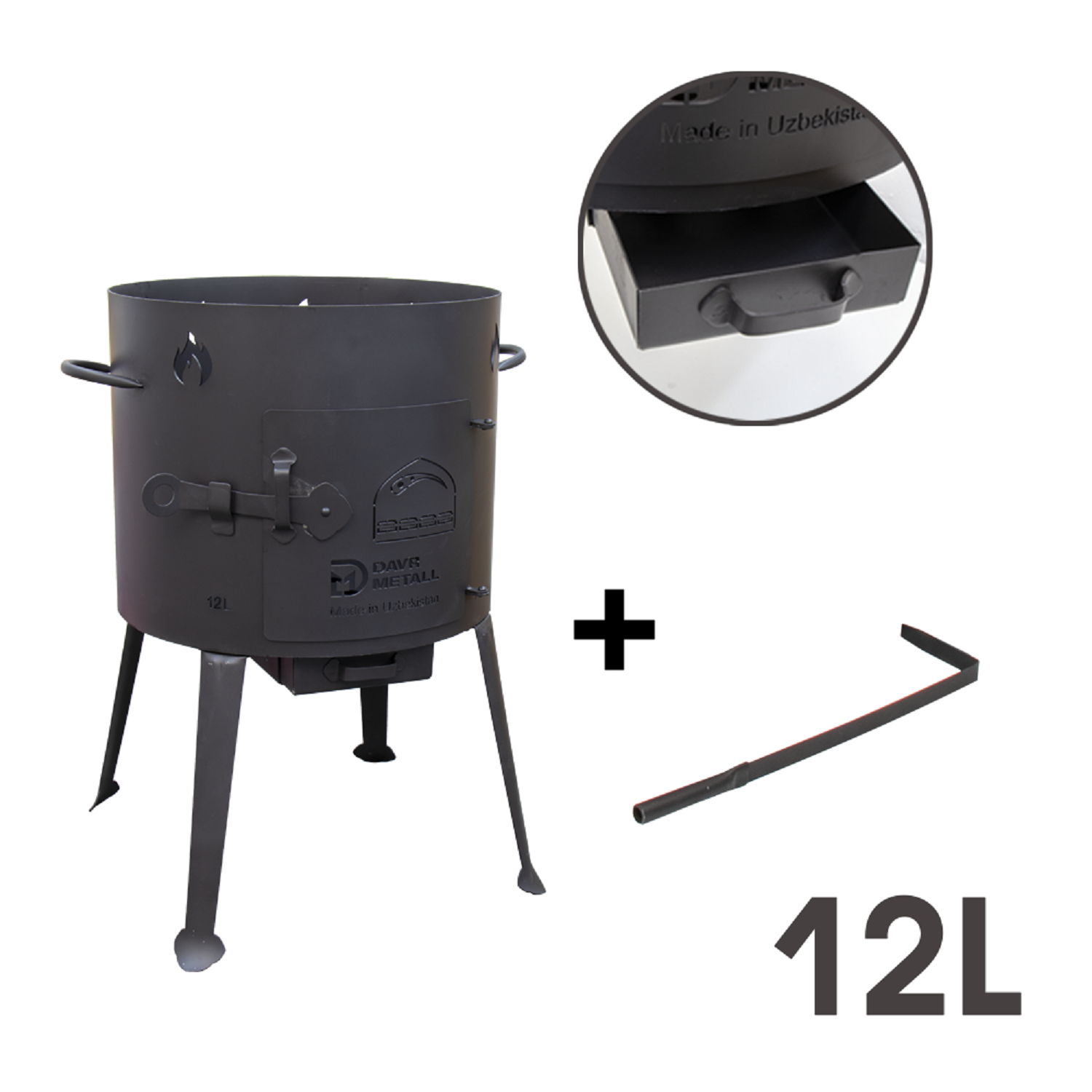 Schwarzer Metall-Kocher mit 12L Kapazität, Aschenlade und Werkzeug.