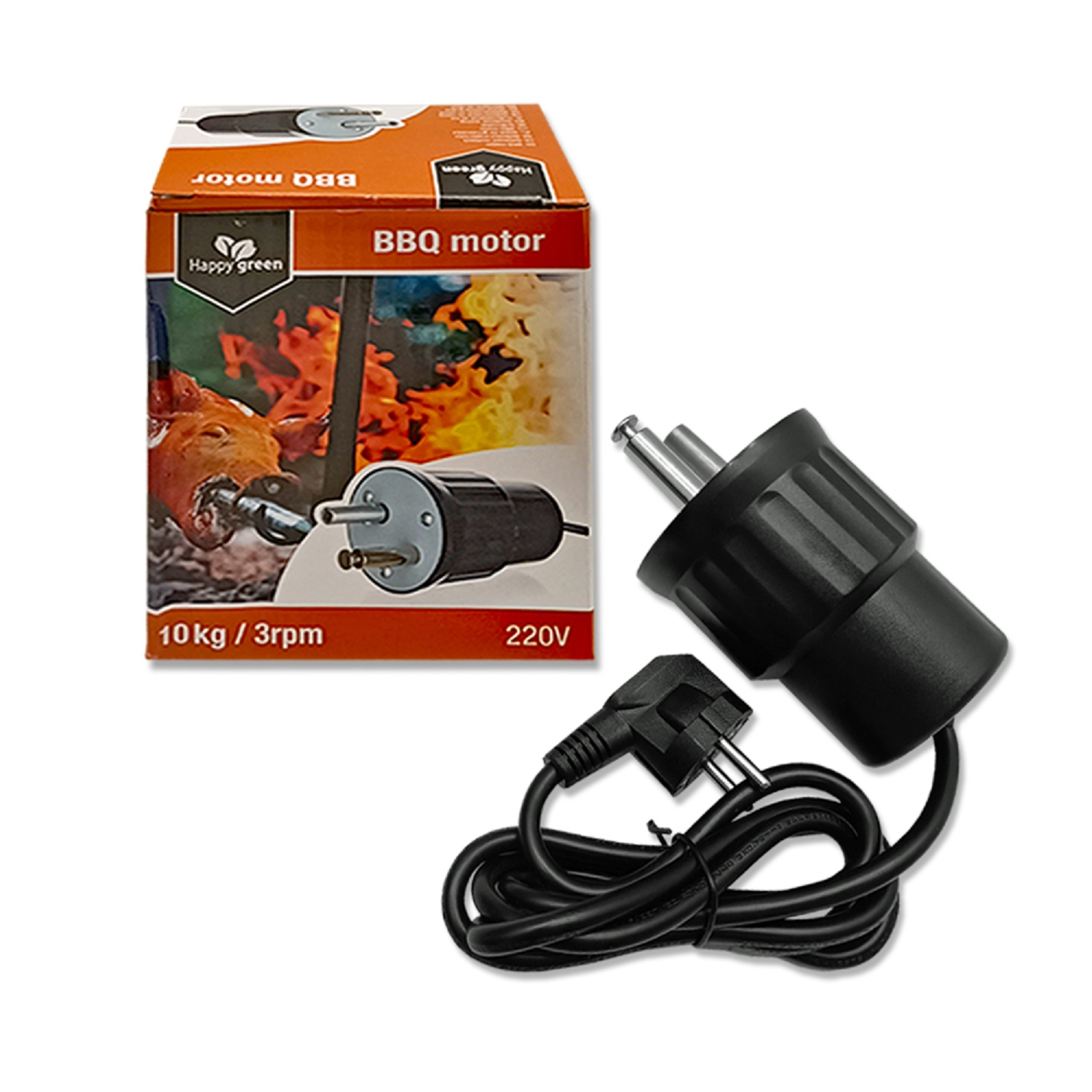 Ein BBQ-Motor mit Kabel und Stecker neben der Verpackung mit einem Grillhuhn.