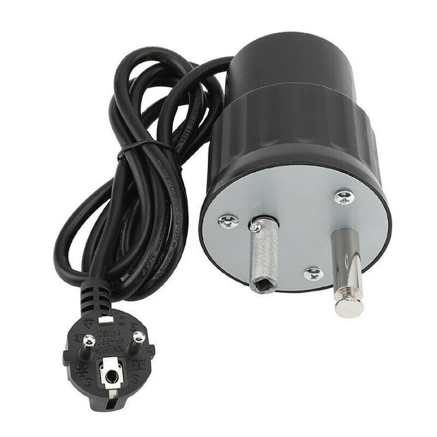 Ein schwarzer Motor mit Kabel und Stecker, auf weißem Hintergrund.