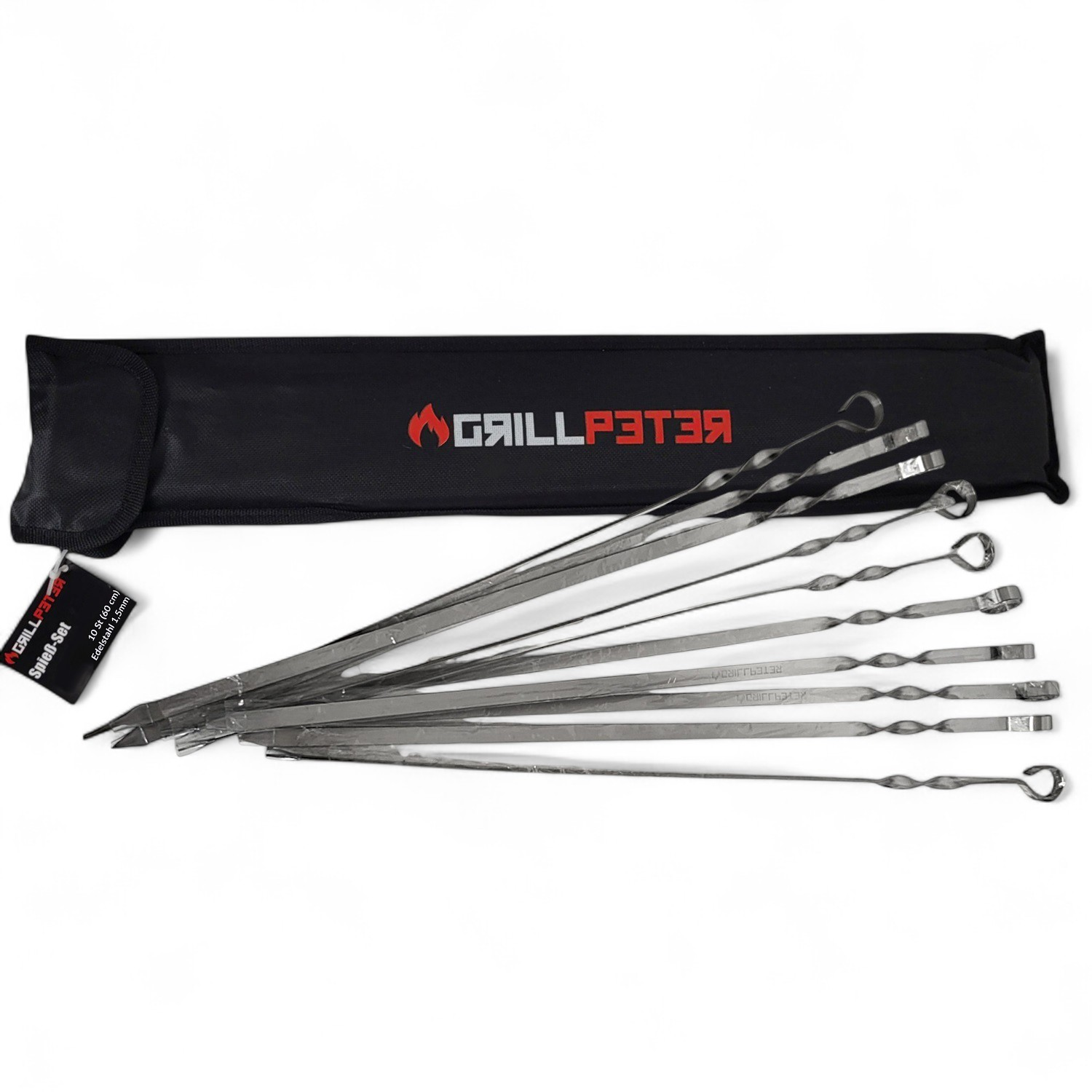 Ein Grillspieß-Set aus Edelstahl in einer schwarzen Tragetasche.