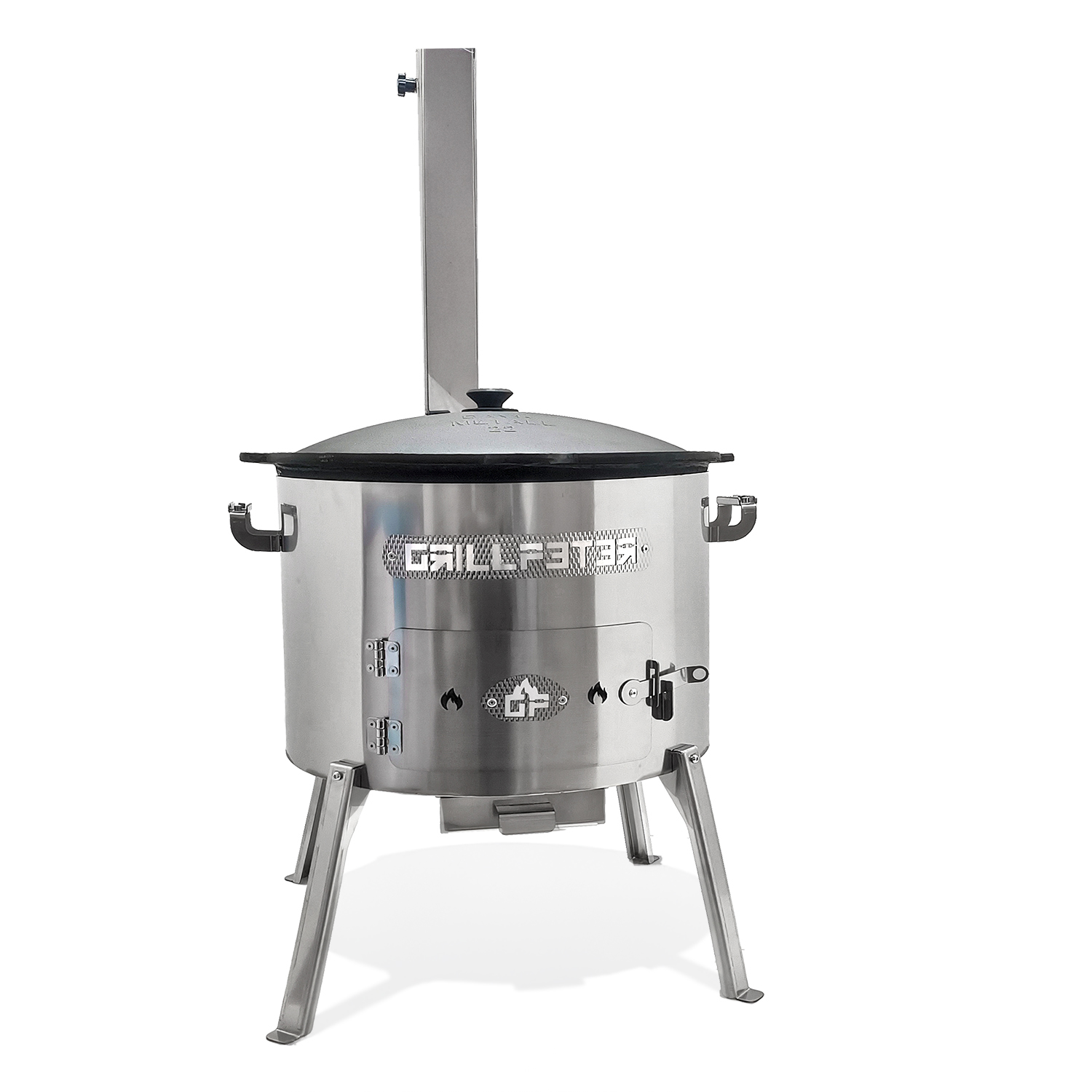 Ein silberner Grill mit drei Beinen und einem hohen Schornstein.