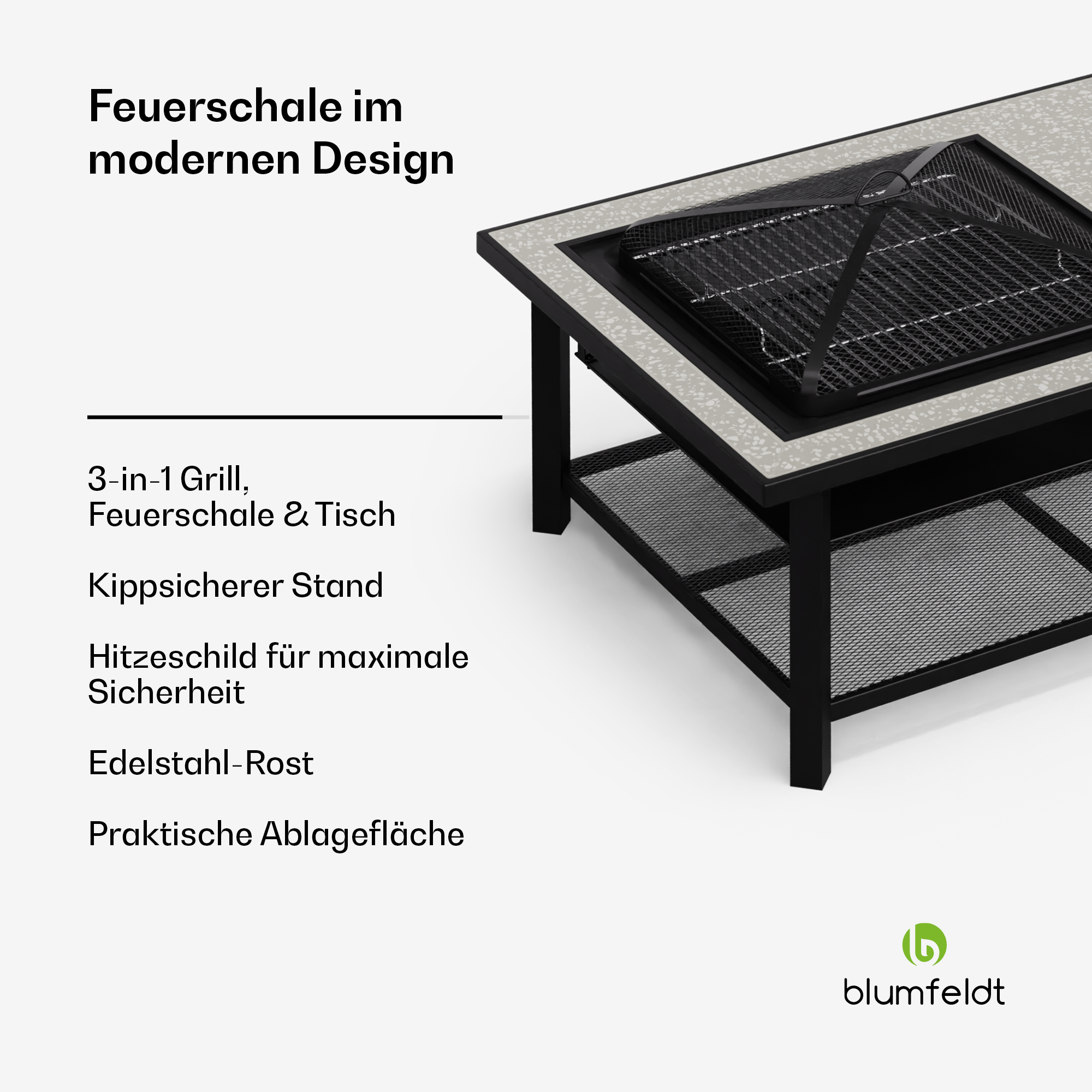 Moderne Feuerschale mit Grillfunktion, Tischplatte und Ablage.