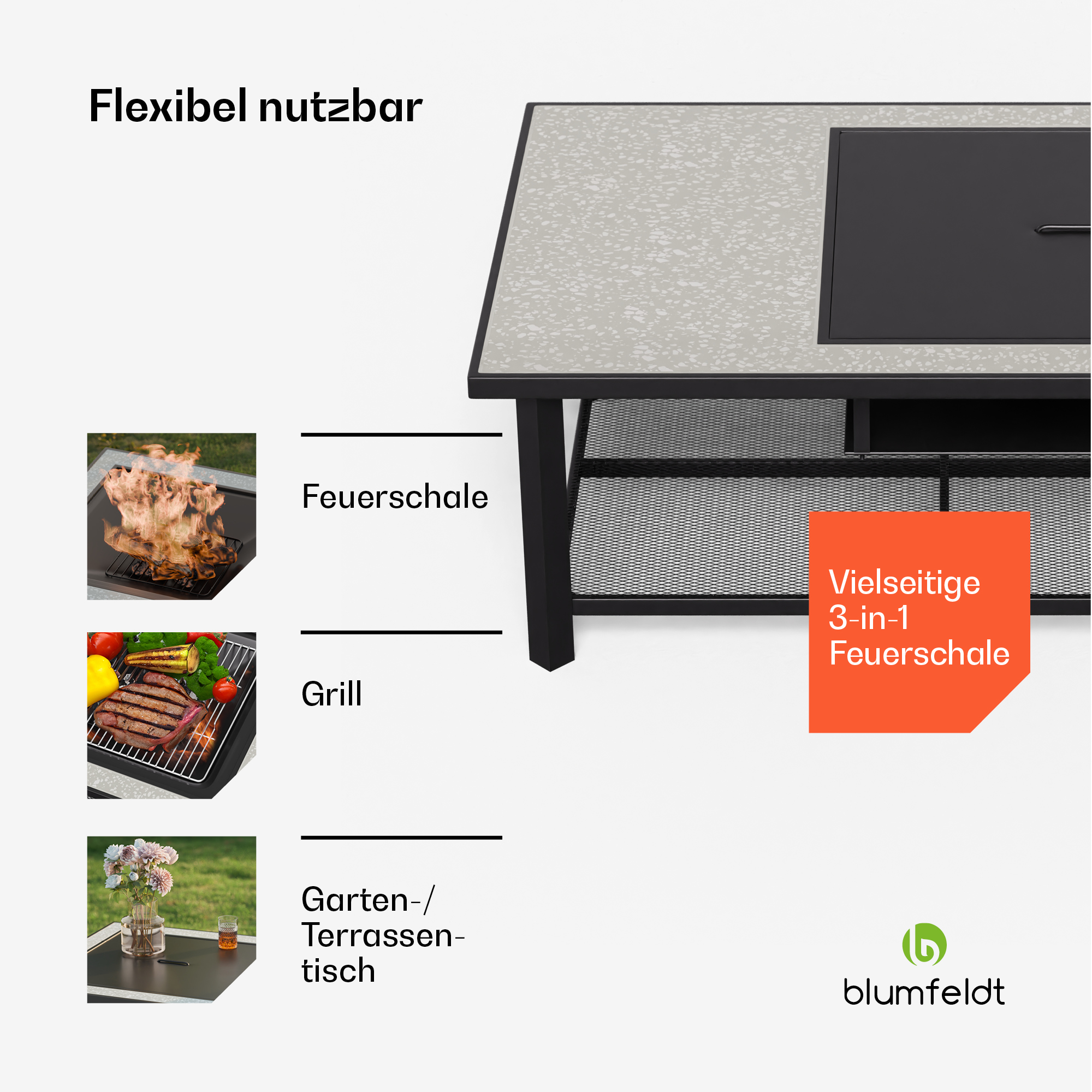 Flexibel nutzbar: Feuerschale, Grill, Tisch. Vielseitige 3-in-1 Feuerschale.