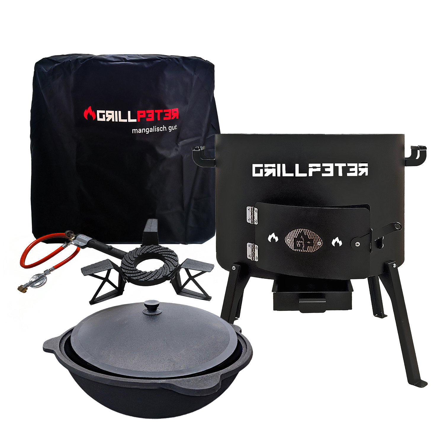 Schwarze Grillabdeckung, Kocher, Gasbrenner mit Schlauch und Gusseisentopf mit Deckel.
