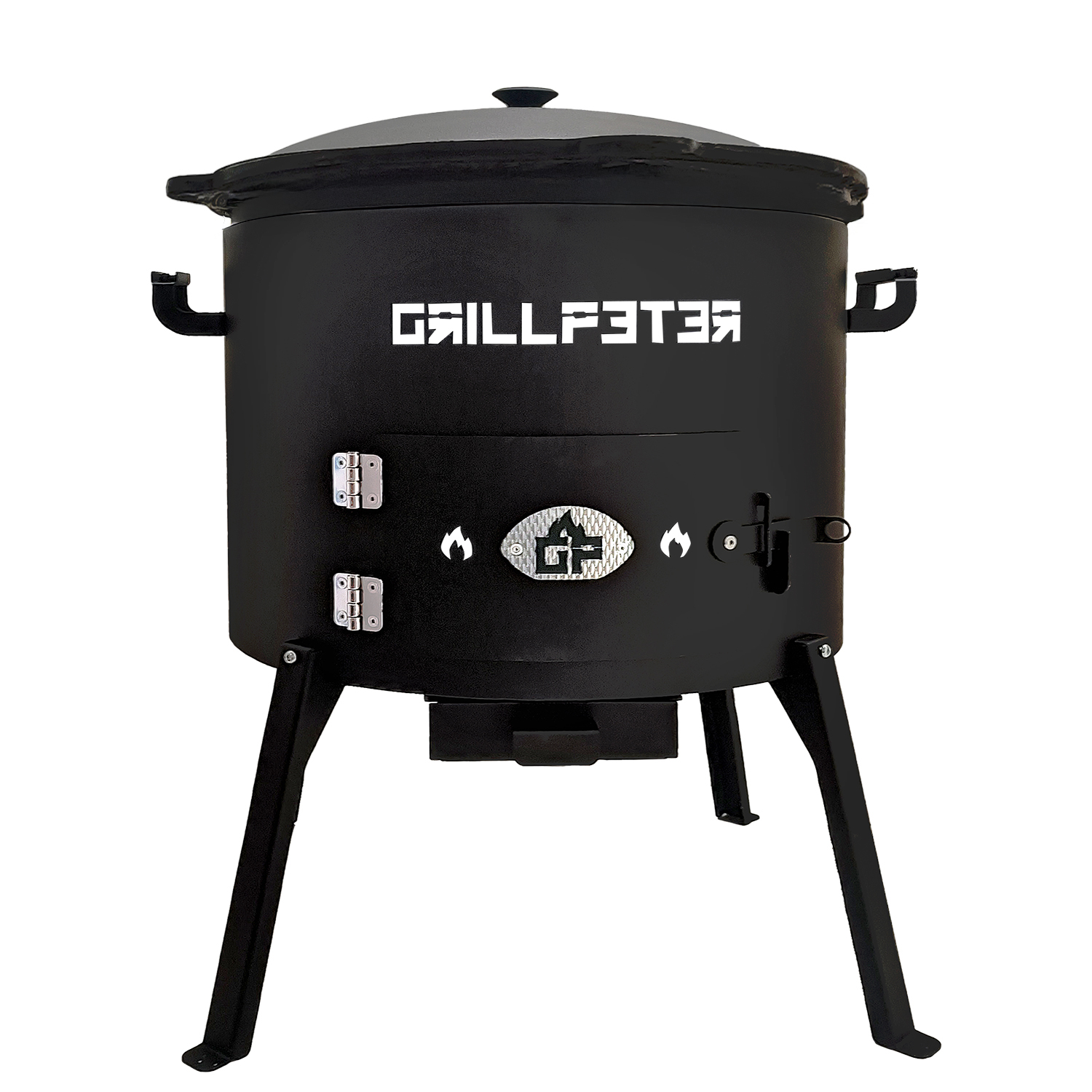 Schwarzer Grill mit drei Beinen und silbernen Griffen. Text: GRILLFEUER.