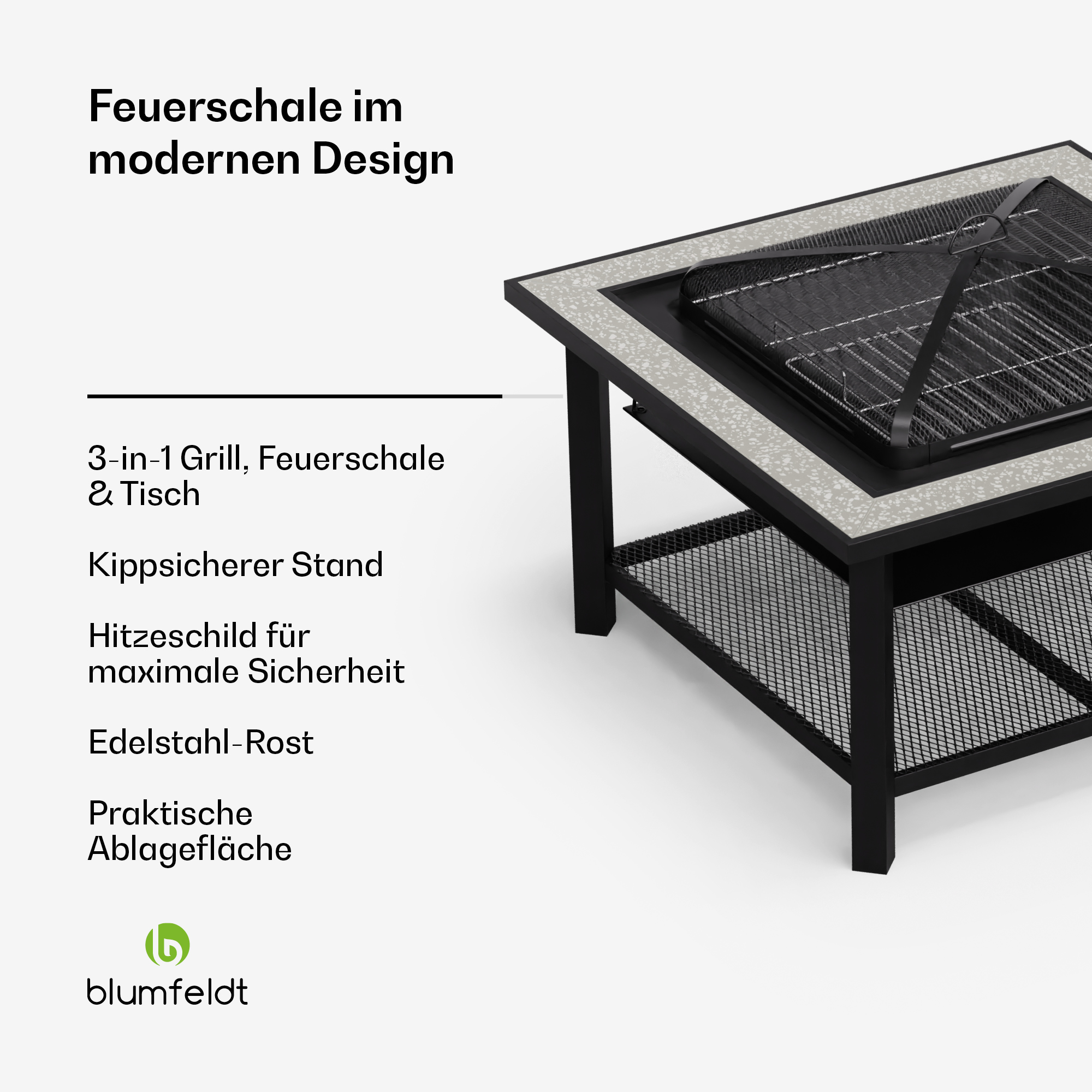 Moderner Metall-Grilltisch mit Gitter und Ablage.