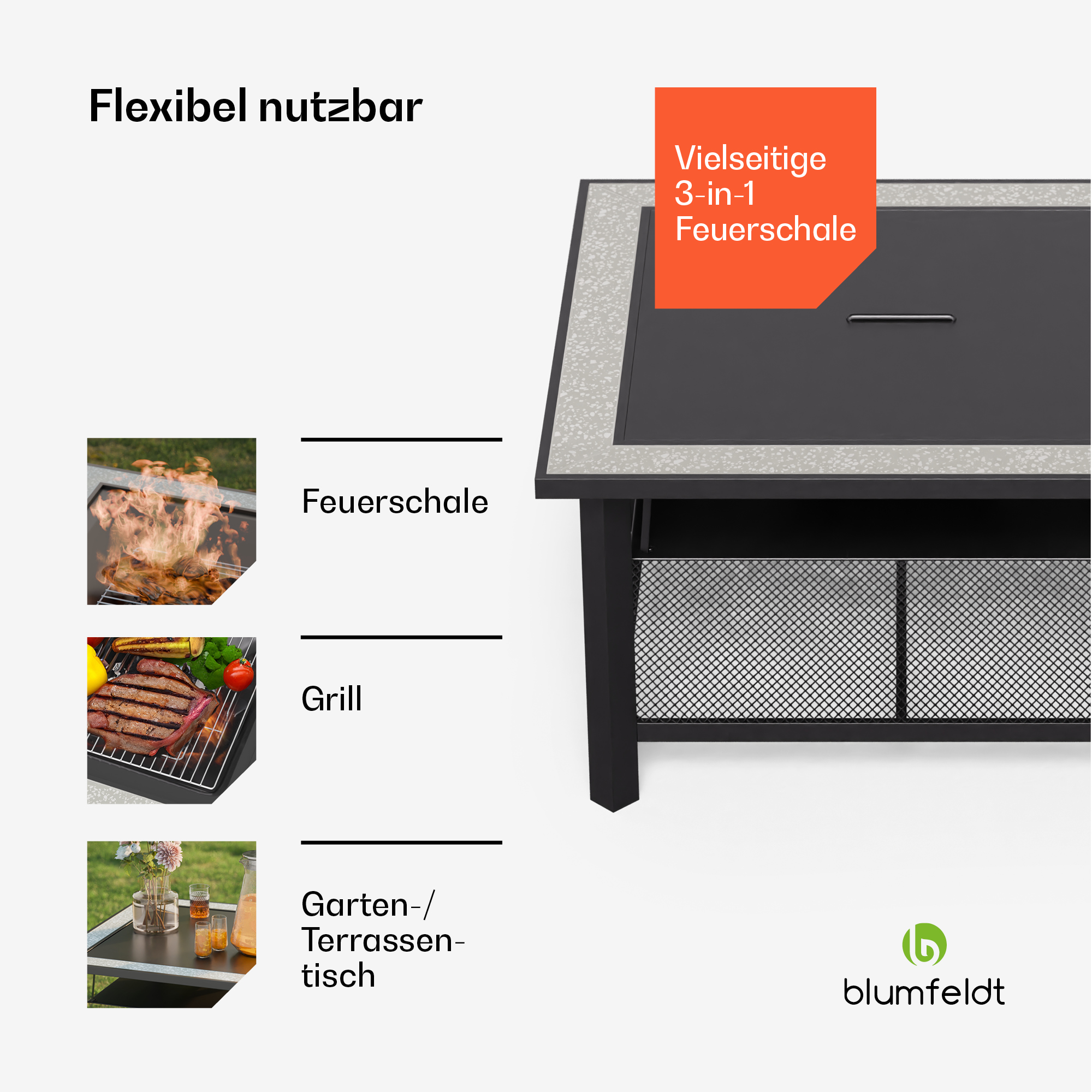 Ein Tisch mit Feuerschale, Grill und Ablage. Vielseitig nutzbar.