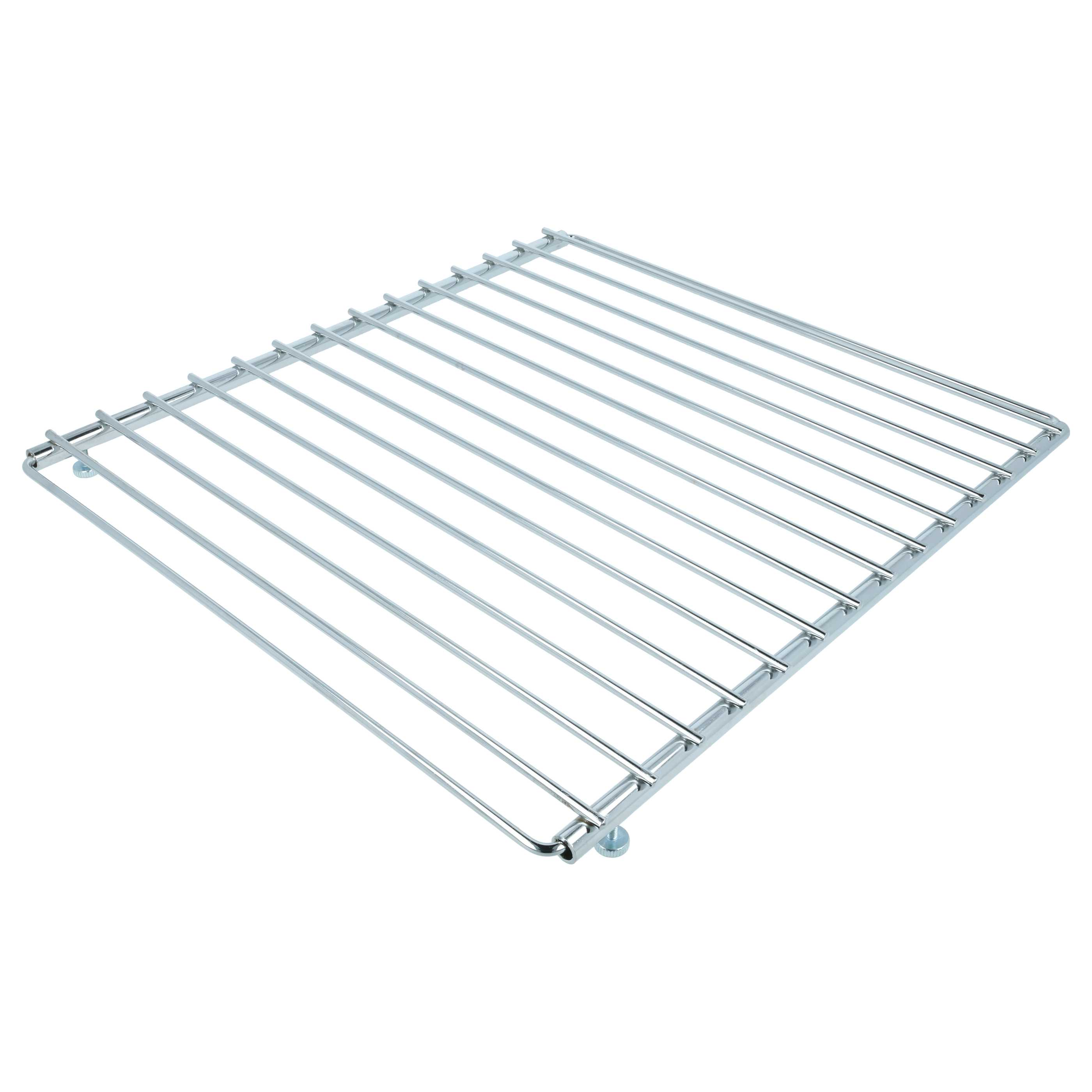 Ein silberner Grillrost mit parallelen Stäben, auf weißem Hintergrund.