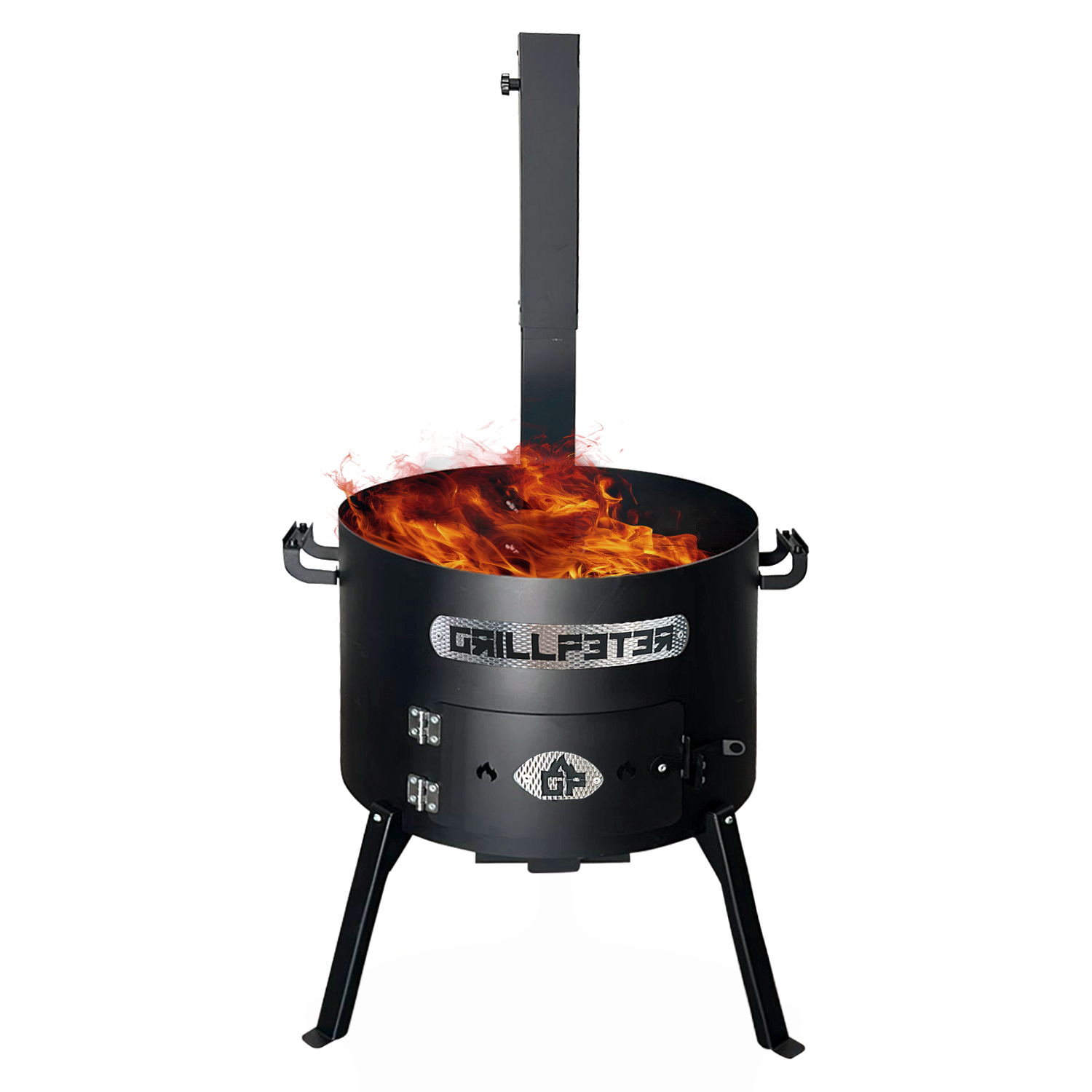 Ein schwarzer Grill mit Flammen darin und auf drei Beinen stehend.