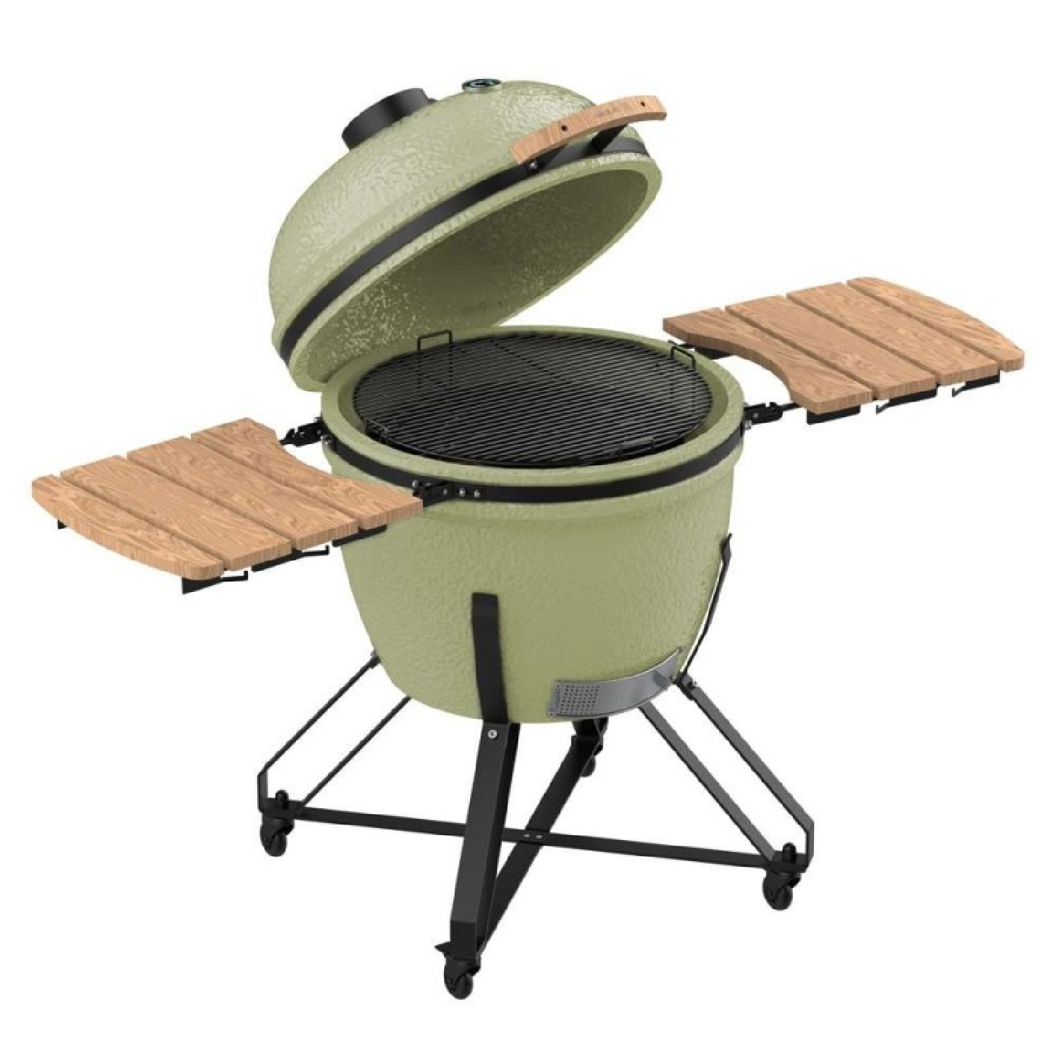 Una griglia in ceramica verde chiaro con coperchio aperto e tavolini in legno.