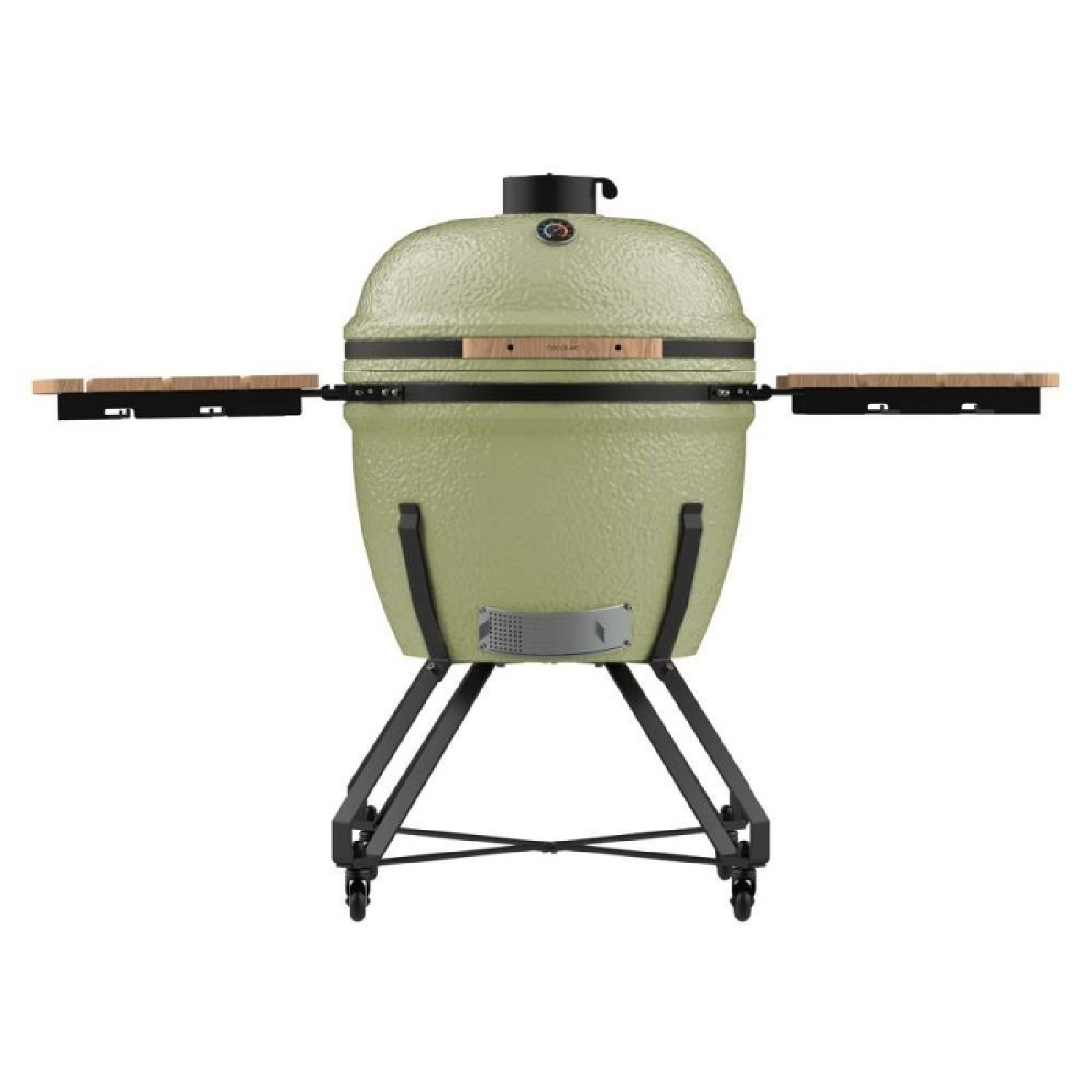 Una griglia kamado in ceramica verde chiaro con ripiani laterali in legno e supporto nero.
