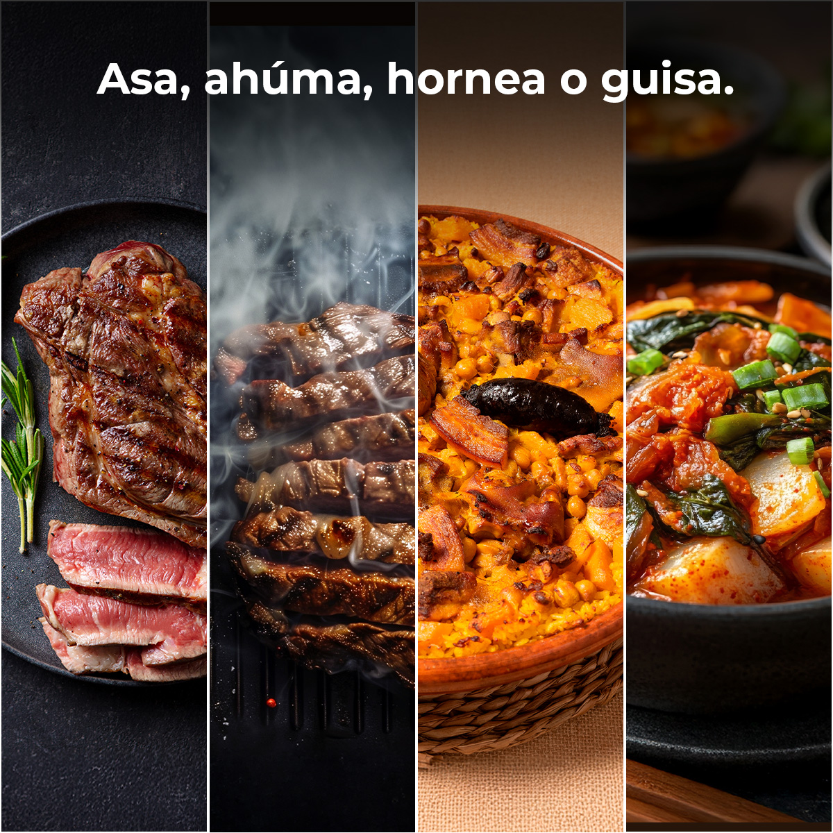 Quattro piatti: bistecca, carne alla griglia, paella e kimchi.